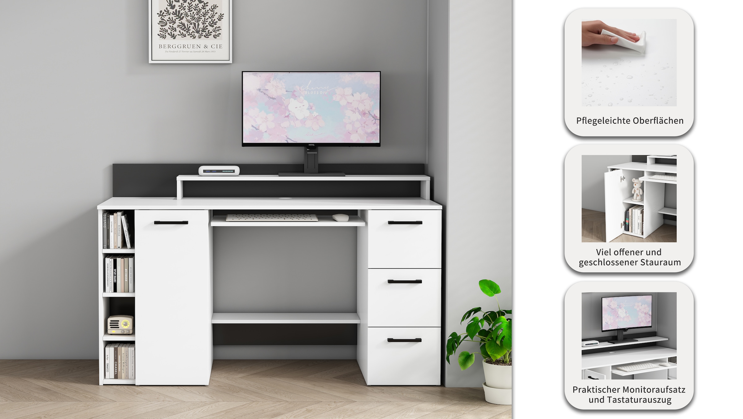 OTTO home Schreibtisch »Moid« mit Schubladen, Tastaturauszug und Monitorablage, Breite 140 cm