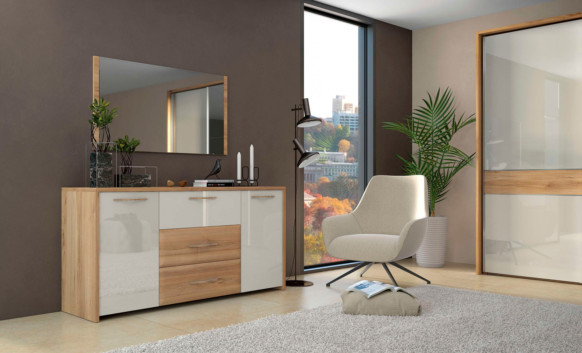 Home affaire Kommode »Gala, melaminbeschichtet und beige hochglänzend UV lackiert«, (Soft-Close Funktion, Maße: B/T/H 170/46/83cm), 2trg., mit 4 Schubladen, klassische Rahmenoptik, FSC-zertifiziert