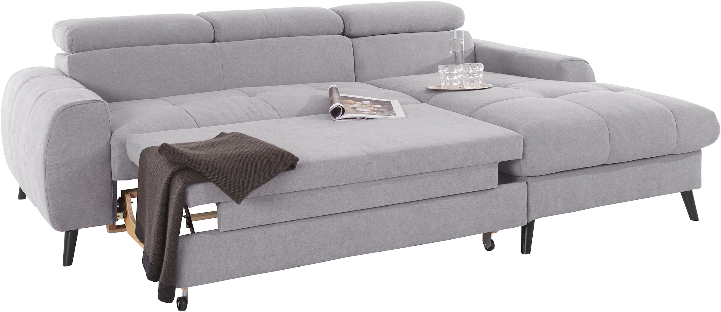 COTTA Ecksofa »Mia L-Form mit 3 Zierkissen«, wahlweise mit Bettfunktion, Bettkasten, Beleuchtung & Wireless-Charger