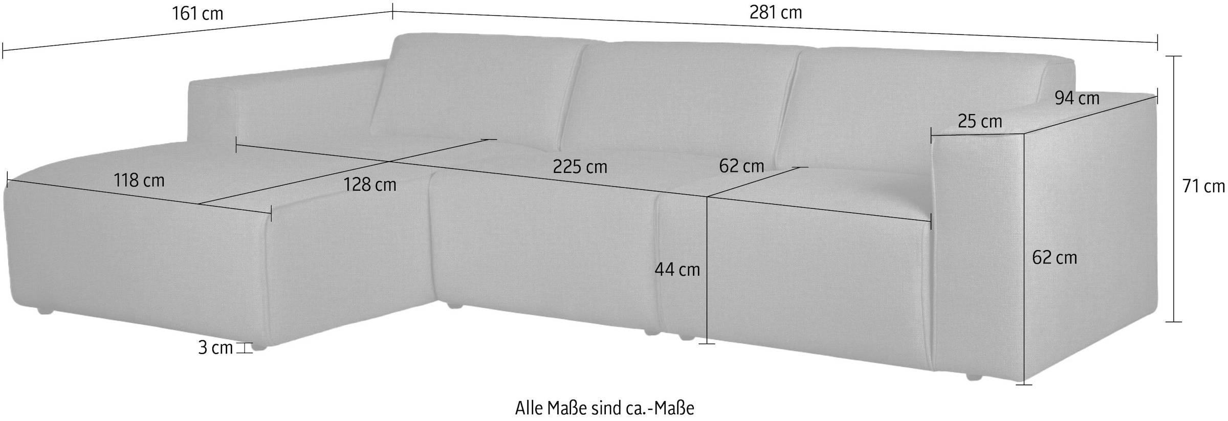 andas Ecksofa »Noord«, L-Form, mit Kedernaht, Breite 281 cm, Cord, Struktur, Webstoff