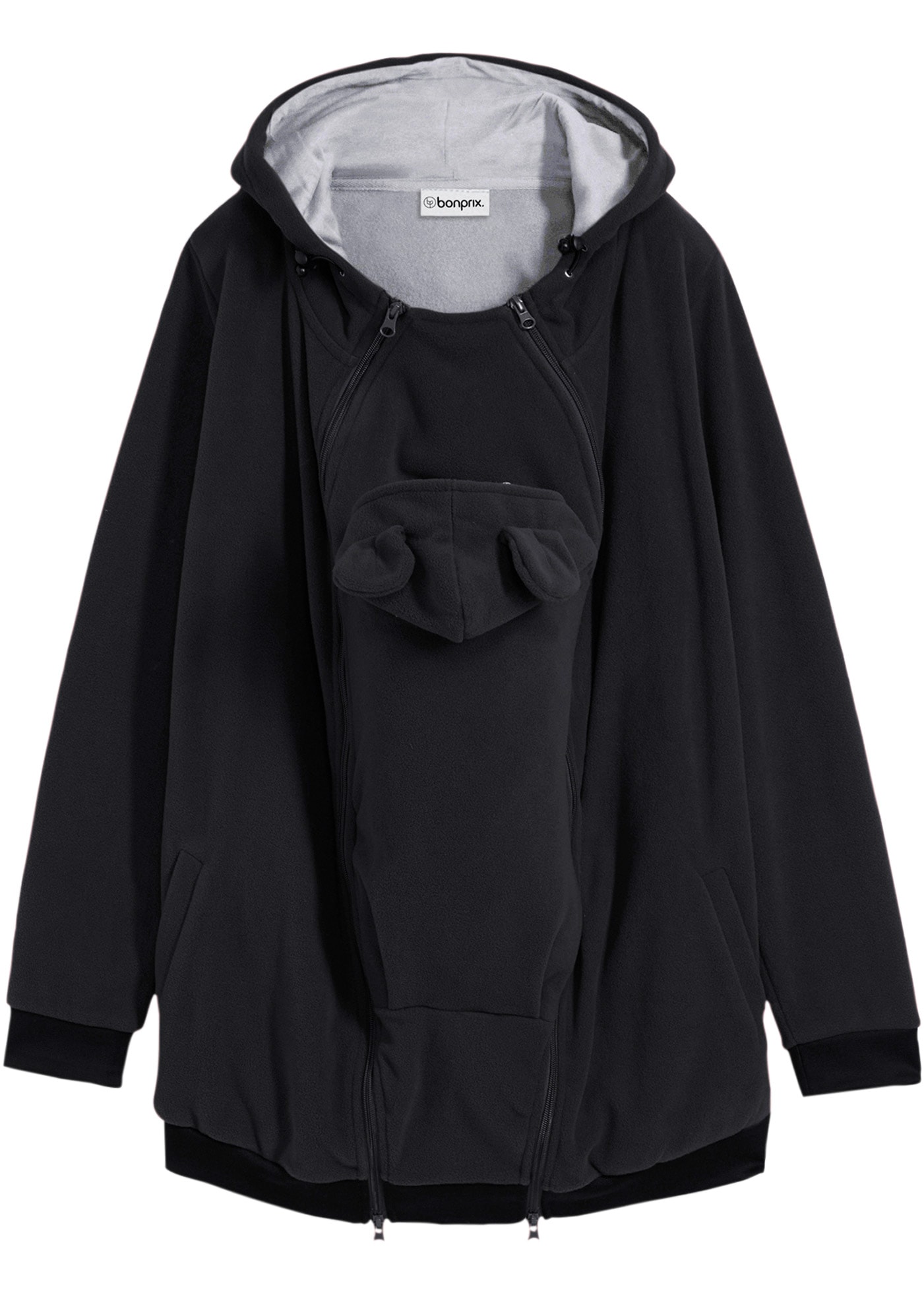 bonprix Umstandsfleecejacke mit Kapuze mit herausnehmbarem Baby-Trageeinsatz, mit seitlichen Reißverschlüssen