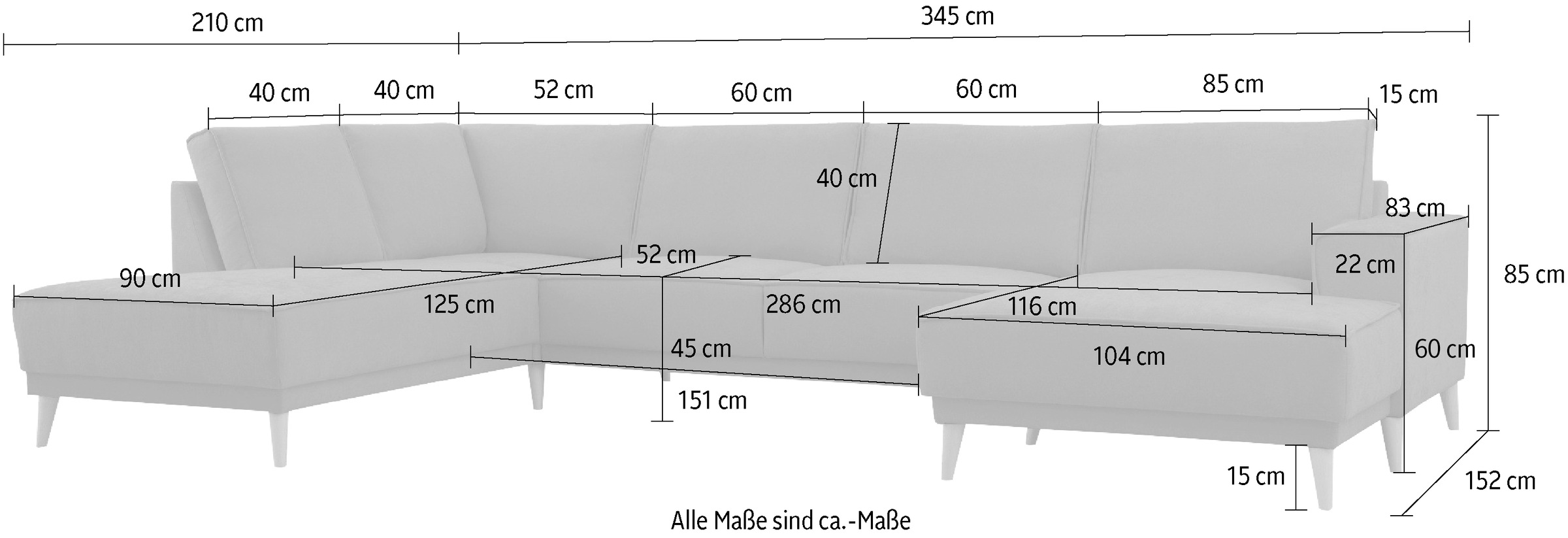 OTTO home Wohnlandschaft »Oland Skandi, weicher Chenille-Stoff« U-Form, 345 cm, Wellenunterfederung, Skandi-Design, Massivholzfüße