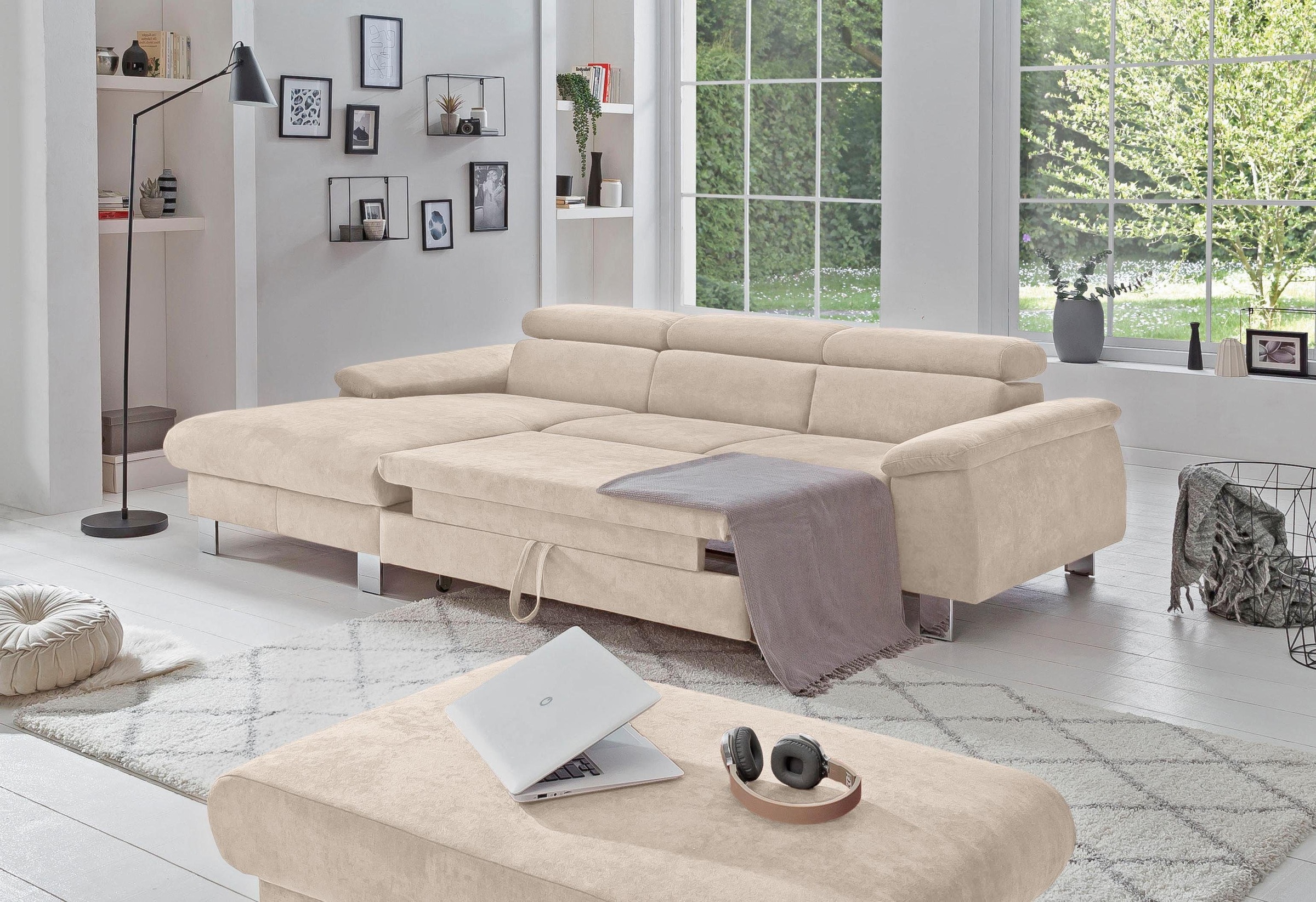 COTTA Ecksofa Komaris, Ecksofa, wahlweise mit RGB-LED-Beleuchtung und Bettfunktion/Bettkasten