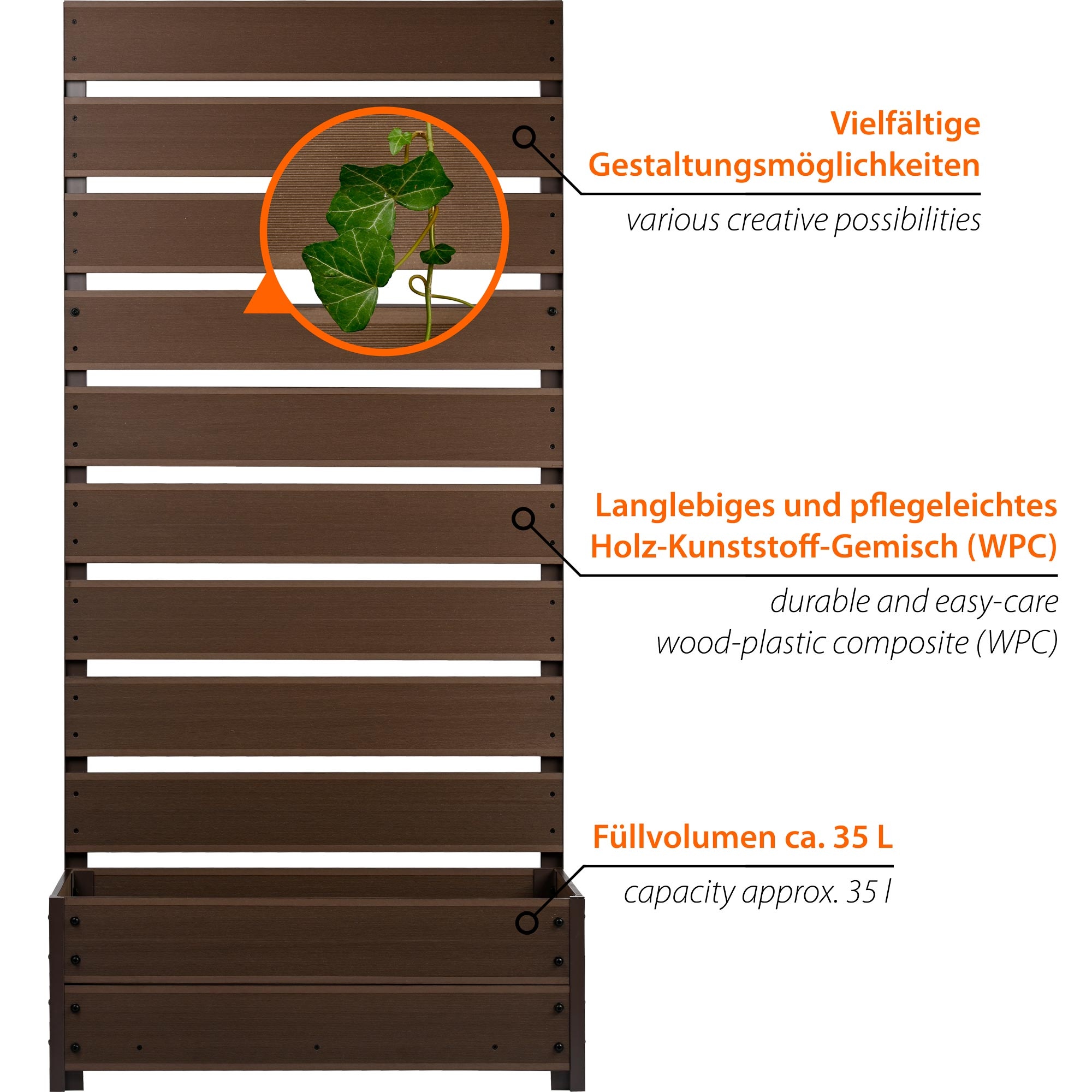 dobar Blumenkasten »WPC-Pflanzkübel mit Rankgitter, Dunkelbraun« ca. 72 x 33 x 150 cm (L x B x H) groß und ca. 13,7 kg