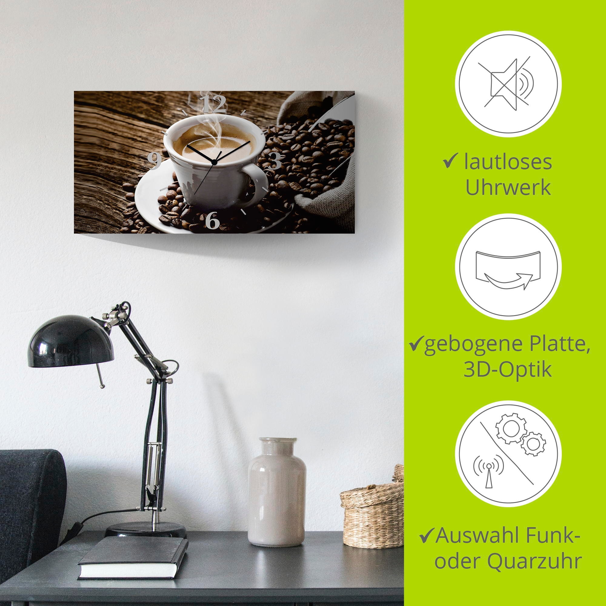 Artland Wanduhr »Heißer Kaffee - dampfender Kaffee«, 3D Optik gebogen, mit Quarz- oder Funkuhrwerk, versch. Größen
