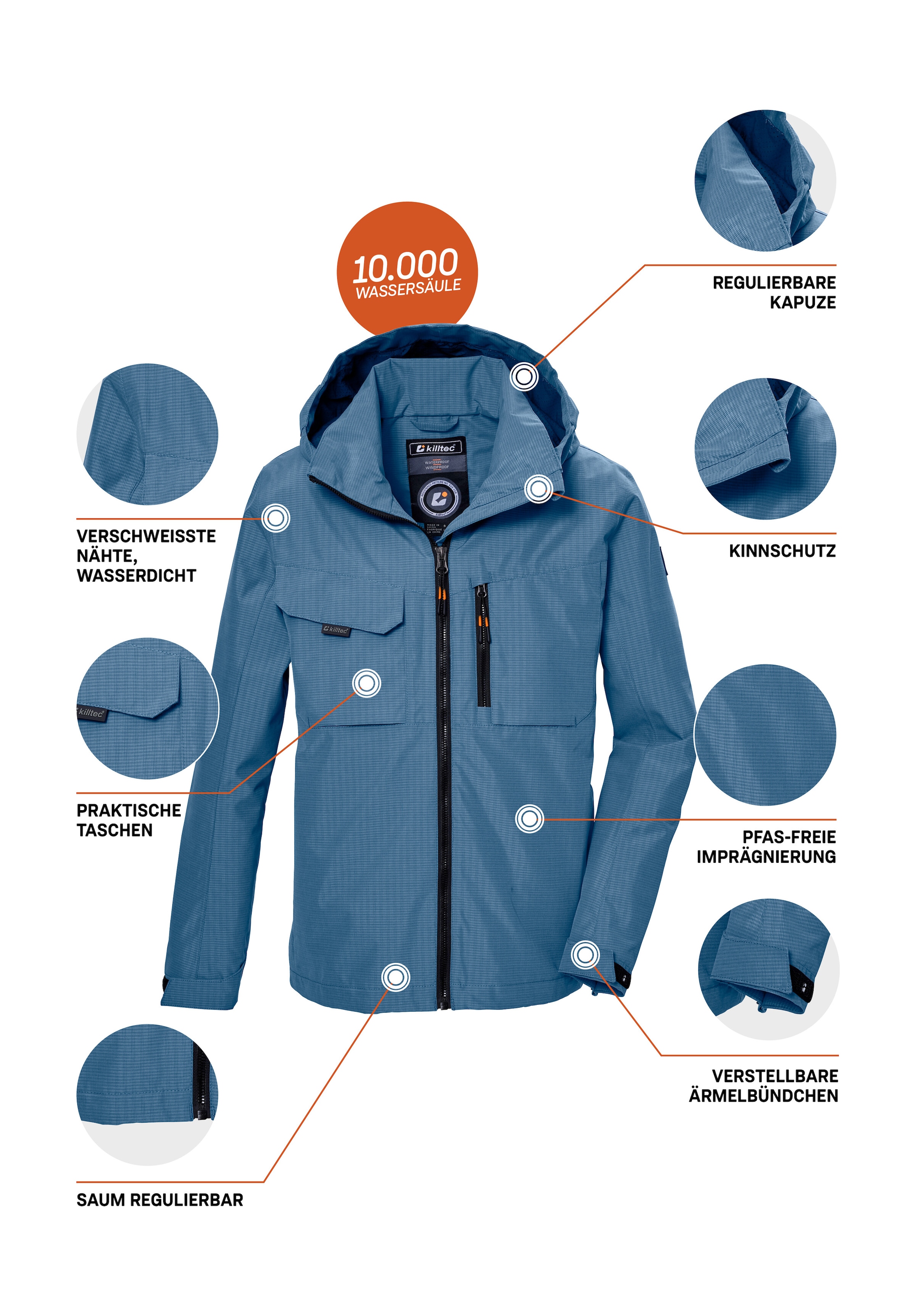 Killtec Funktionsjacke »KOS 140 BYS JCKT«, Wasserdichte Jacke mit verstellbarer Kapuze, PFAS-frei imprägniert