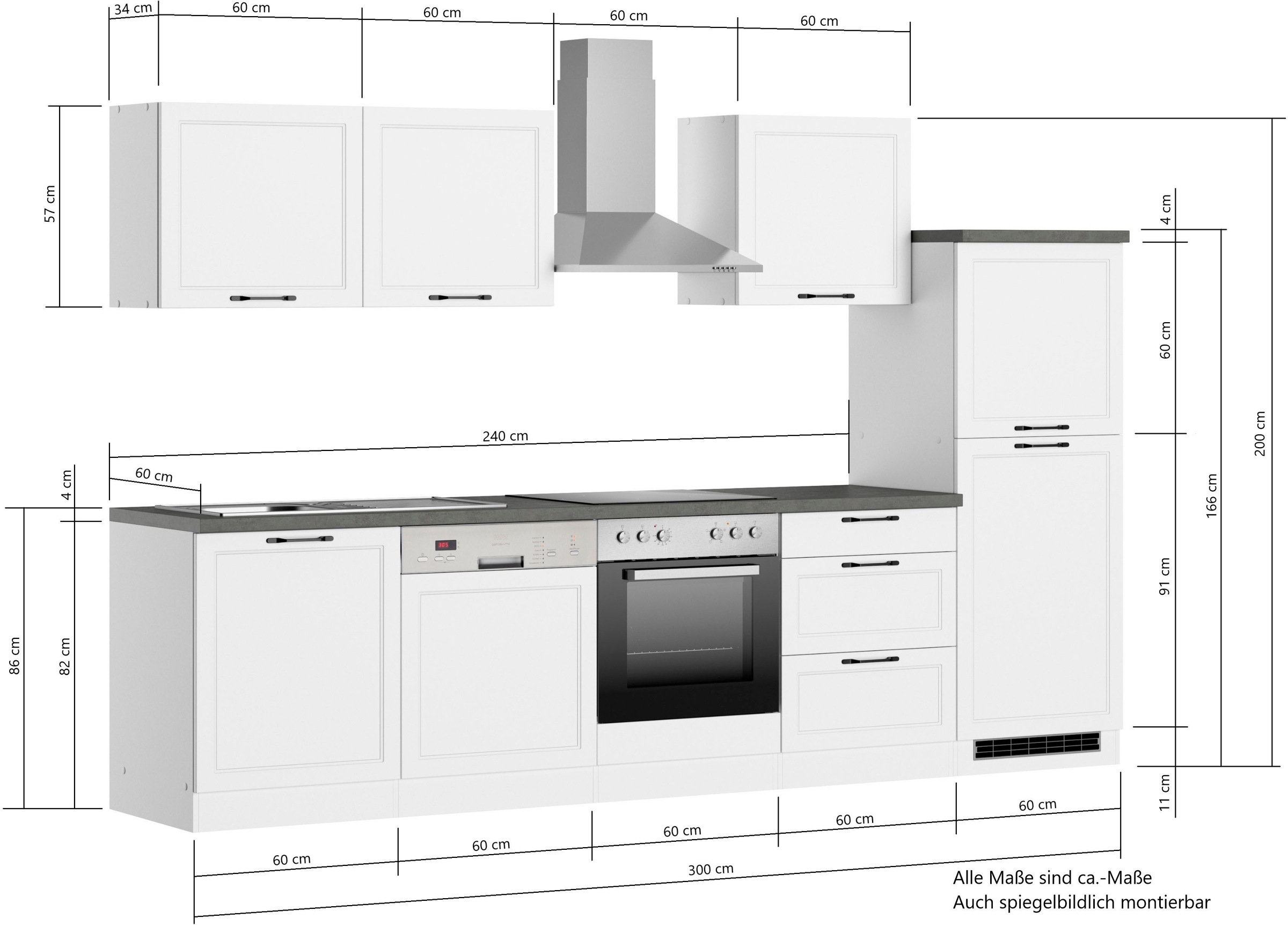 KOCHSTATION Küchenzeile »KS-Lani, mit MDF-Fronten« Breite 300 cm, wahlweise mit E-Geräten, Höhen-Ausgleichsfüße 0-4 cm
