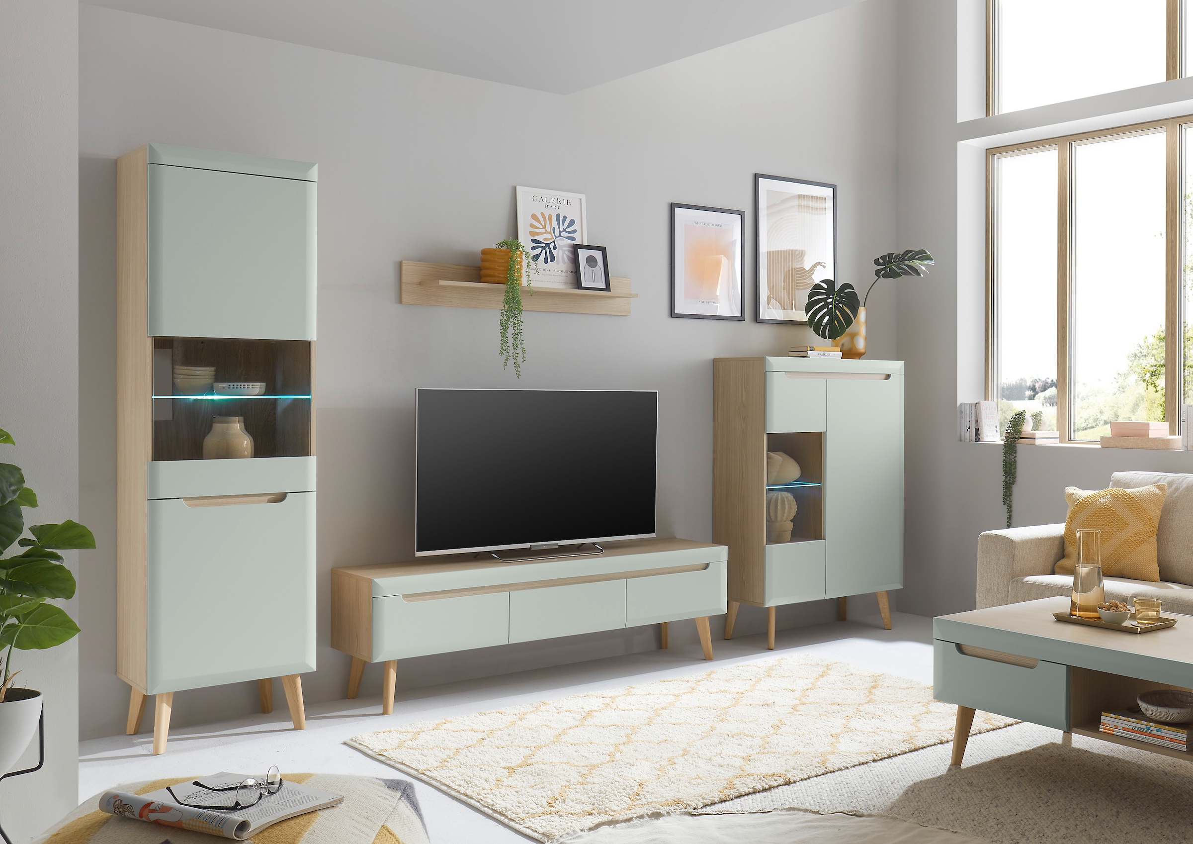 INOSIGN Wohnwand »Torge, Anbauwand, Schrankwand, Mediawand, Wohnzimmer-Set«, (Set, 4 St.), enthält 2 Vitrinen, 1 Lowboard, 1 Wandboard, 343 cm breit
