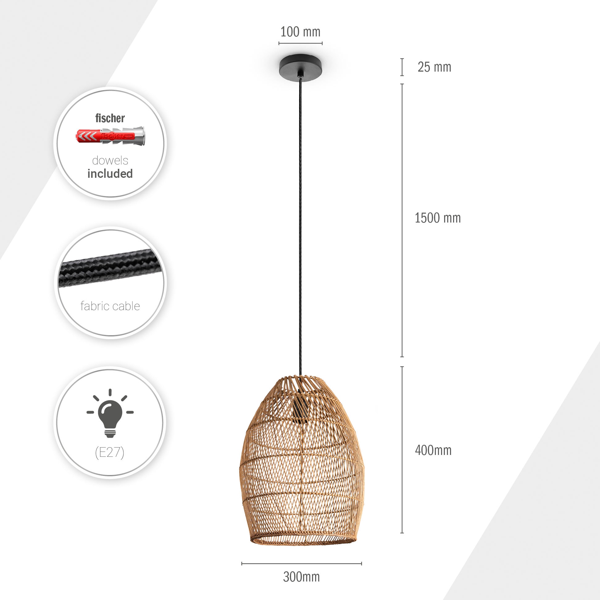 Paco Home Pendelleuchte »VIHMA«, Leuchtmittel E27 | ohne Leuchtmittel, Rattan Pendellampe Korb Esstischlampe Natürlich LED Boho Rustikal E27