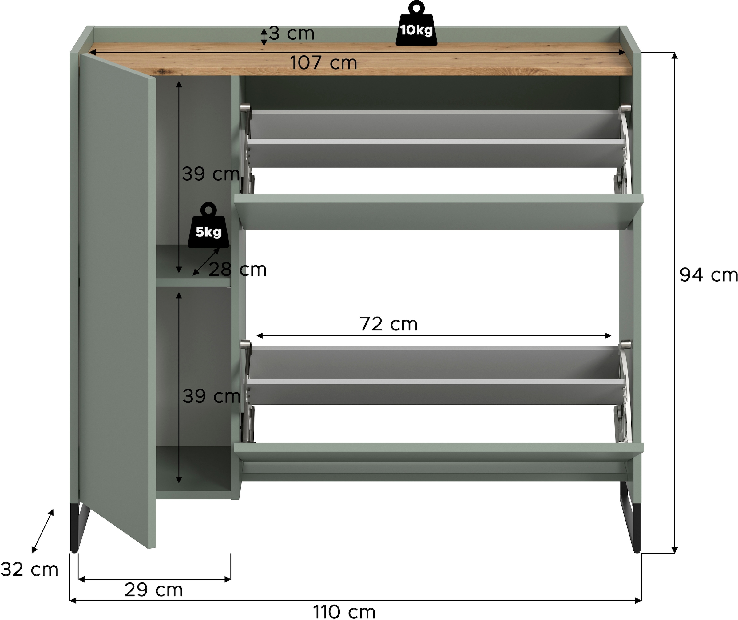 Home affaire Schuhschrank »EVRID, Breite 110cm, 1 Tür, 2 Schuhwalzen, inkl. Metall-Kufenfüße« individuell mit anderen Artikel der Serie EVRID erweiterbar, 1 Stk. tlg. Schuhkommode, Kommode, Sideboard, Garderobenschrank, Flurkommode