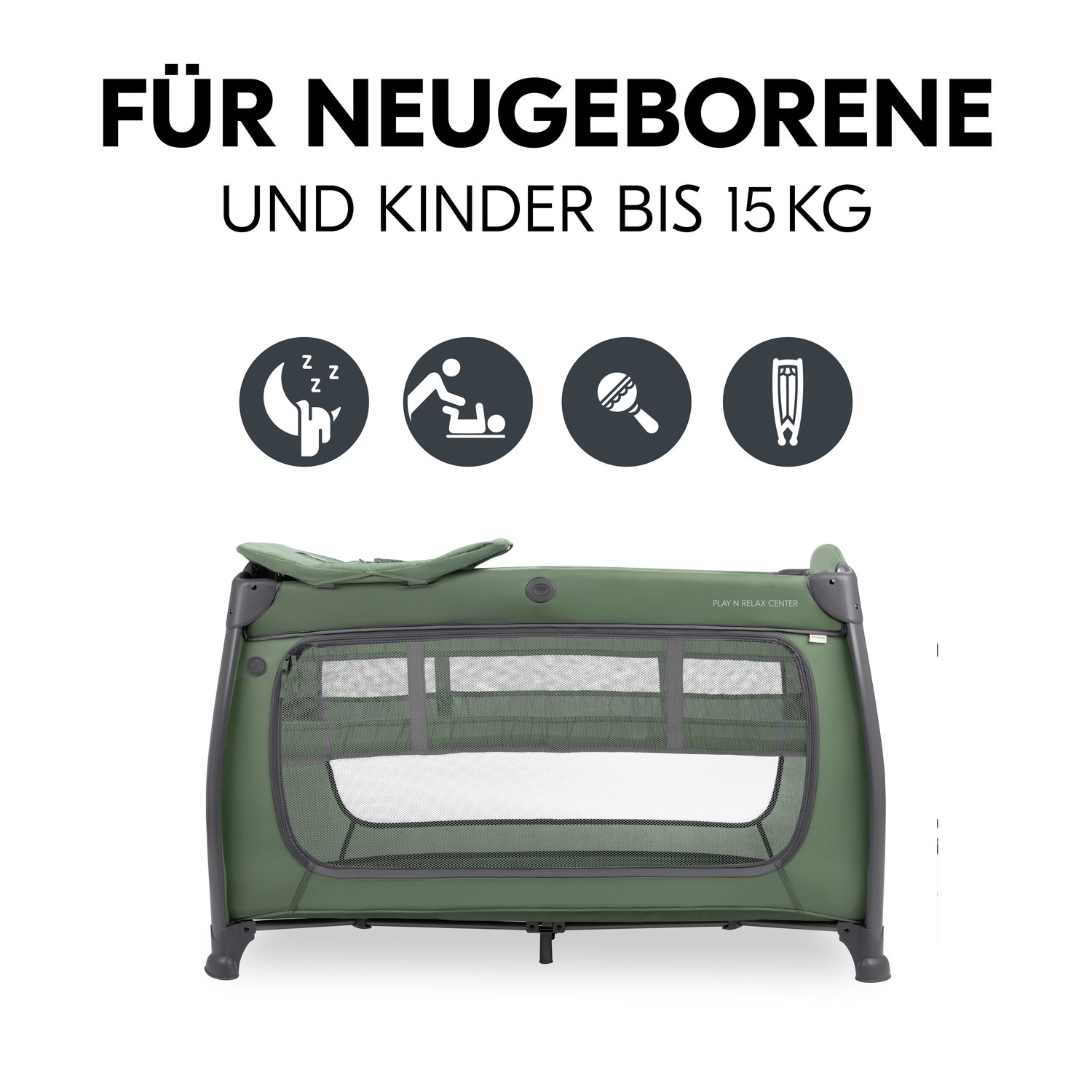 Hauck Baby-Reisebett »Play N Relax Center, darkgreen«, inkl. Neugeboreneneinhang, Wickelmulde, Ausstieg, Räder