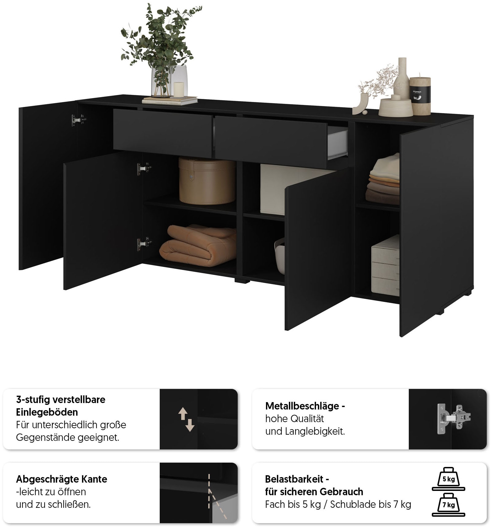 INOSIGN Kombikommode »Metric,Breite 195 cm, grifflose Kommode 4 Türen/2 Schubkästen«, Schubladenschrank mit viel Stauraum, Einlegeböden verstellbar