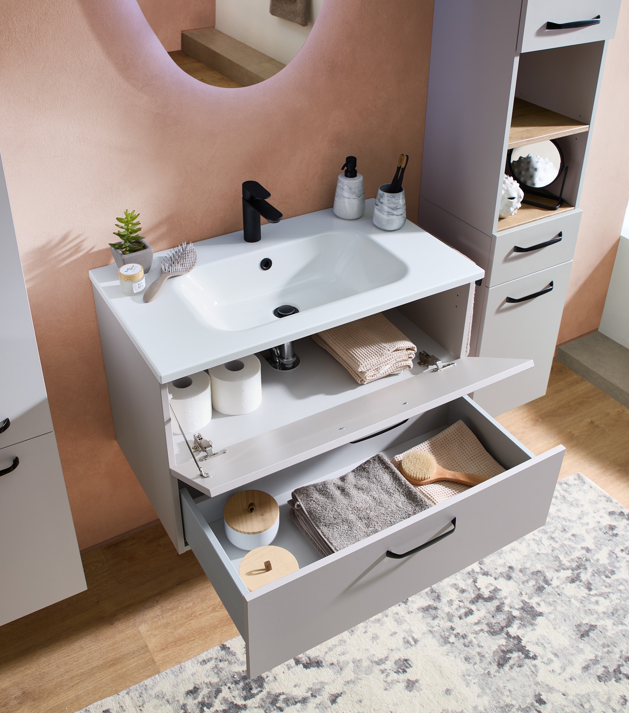 Saphir Badmöbel-Set »Quickset 500, Waschtischunterschrank mit Mineralmarmorwaschtisch« 2 Stk. tlg.