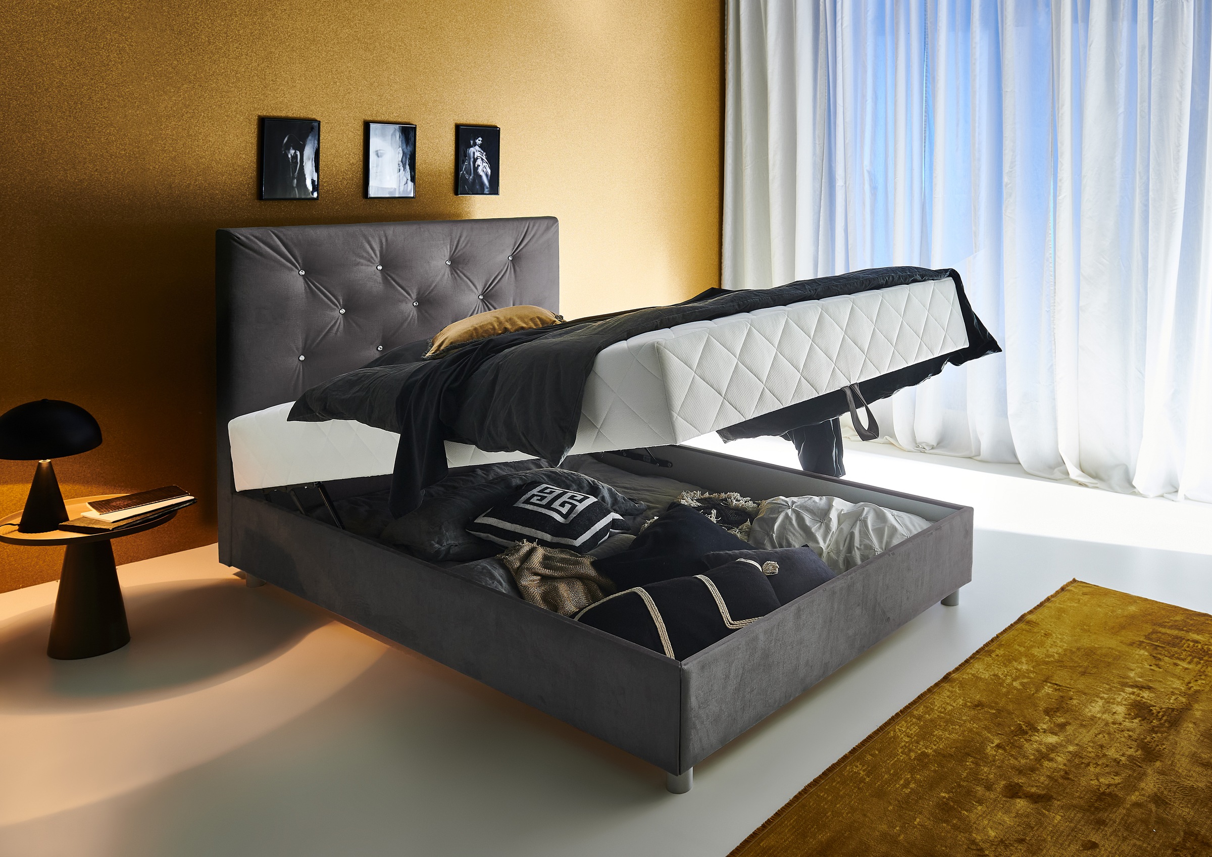 ATLANTIC home collection Boxbett »CELIA im hochwertiger Samtoptik« mit Taschen-Federkernmatratze, Bettkasten und Strass-Steinen