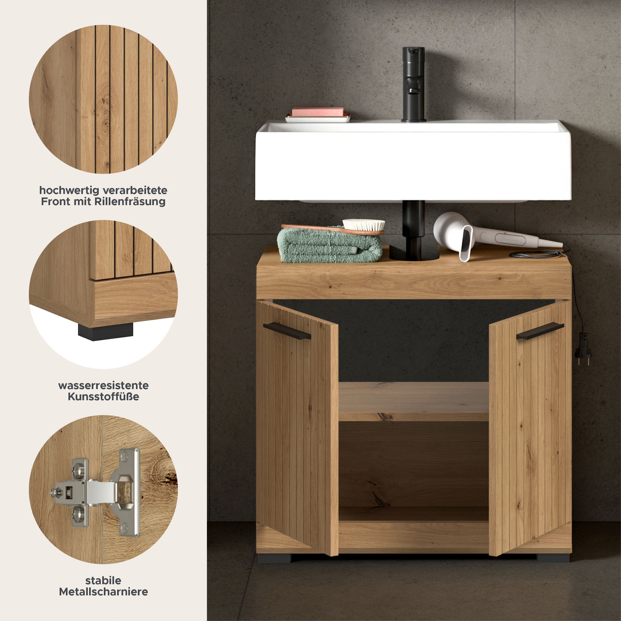 welltime Waschbeckenunterschrank »SIENA, Breite 60cm, mit  2 Türen oder 2 Schubkästen, MDF-Front« TOPSELLER! , mit Siphonausschnitt 10x25 cm, 1 Stk. tlg. in verschiedenen Farben erhältlich, Badmöbel, Badschrank, Kommode, Bad