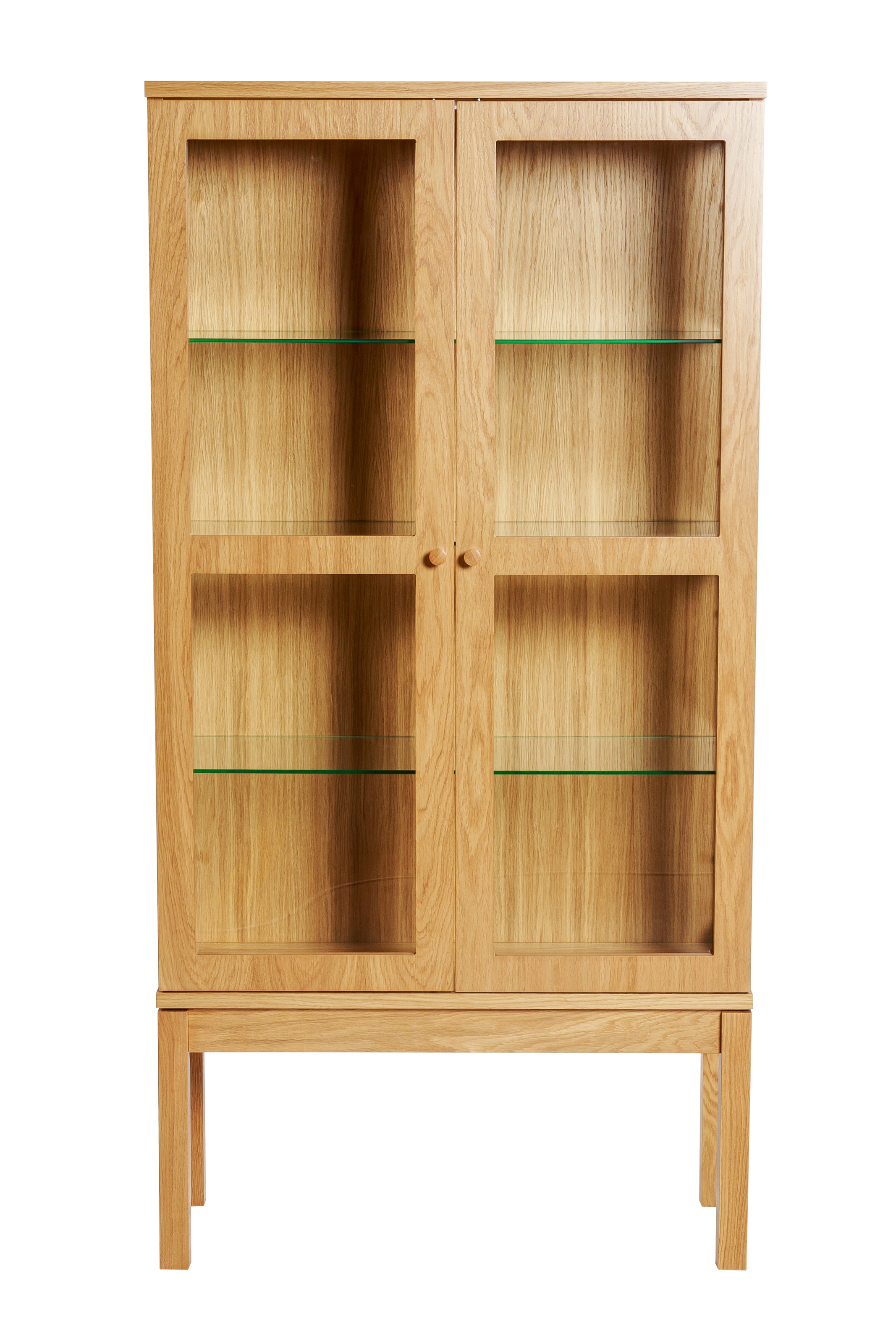 andas Vitrine, Holzfurnier aus Eiche, Griffe und Füße aus massiver Eiche