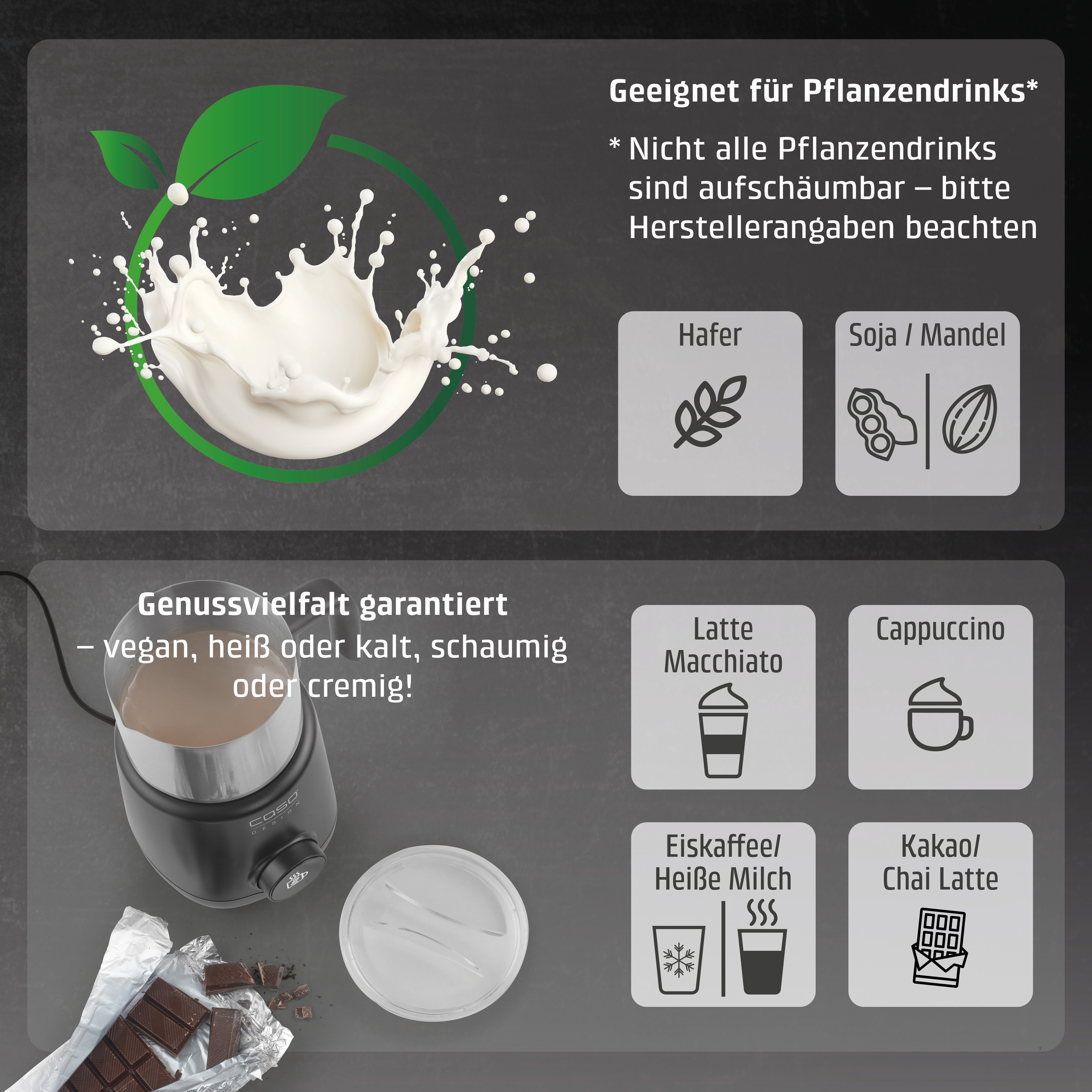 Caso Milchaufschäumer »1667 PremiumLatte XL« 550 W Induktionstechnologie: Kein Anbrennen,präzise und gleichmäßige Erwärmung Milchschaumbehälter, Deckel und Rühreinsatz spülmaschinengeeignet