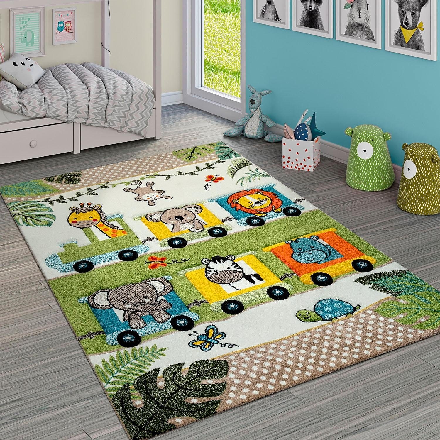 Paco Home Kinderteppich »Diamond 635«, rechteckig, 18 mm Höhe, 3D-Design, Motiv verspielte Zootiere im Zug, Kinderzimmer