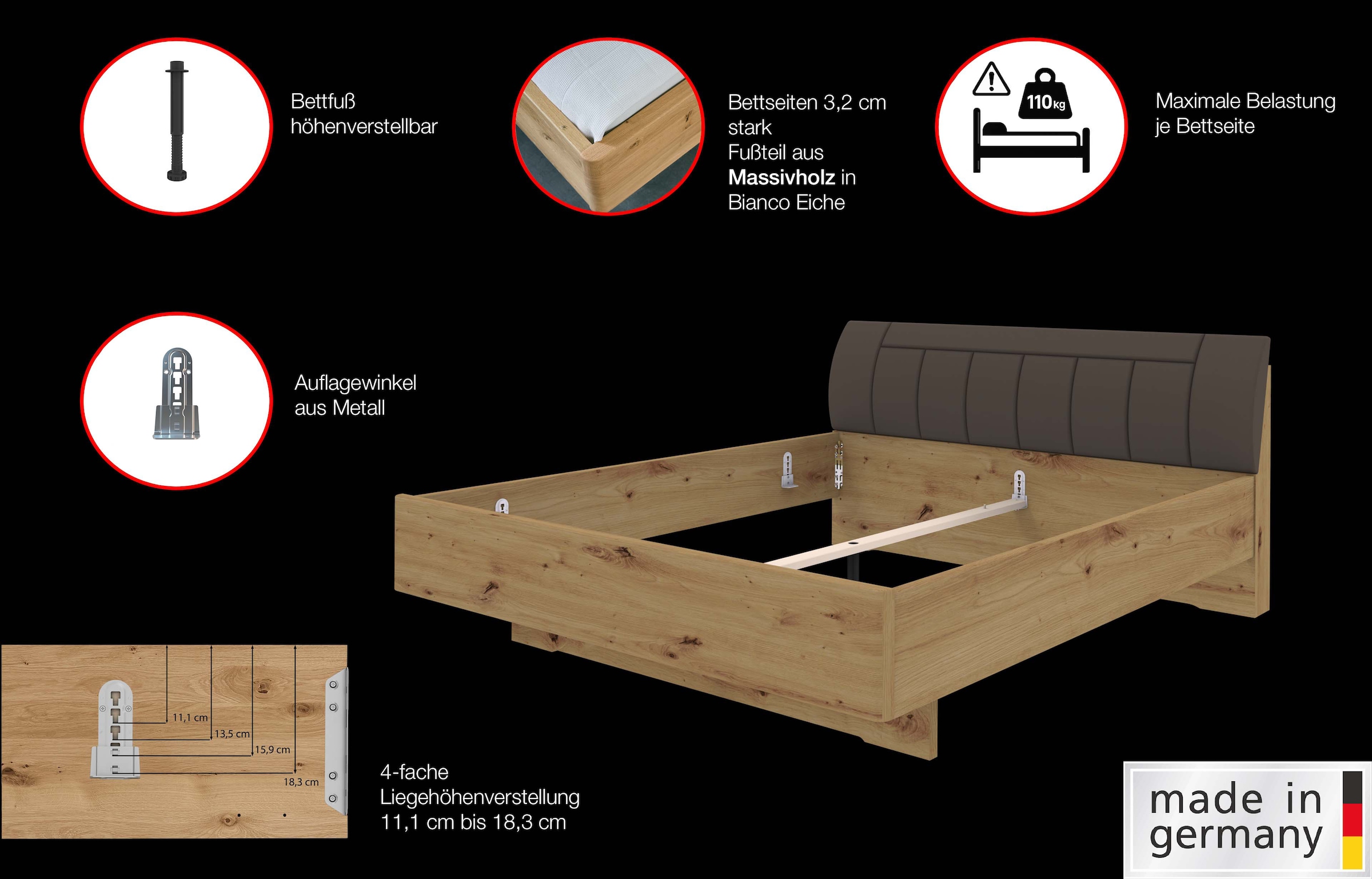 WIEMANN Holzbett »Cardiff, Bettgestell, Bettrahmen, teilmassiv, mit Polsterkopfteil«, (Belastbarkeit 110/220 Kg, 4-fache höhenverstellbar, MADE IN GERMANY), Fußteil aus Massivholz, verschiedene Größen