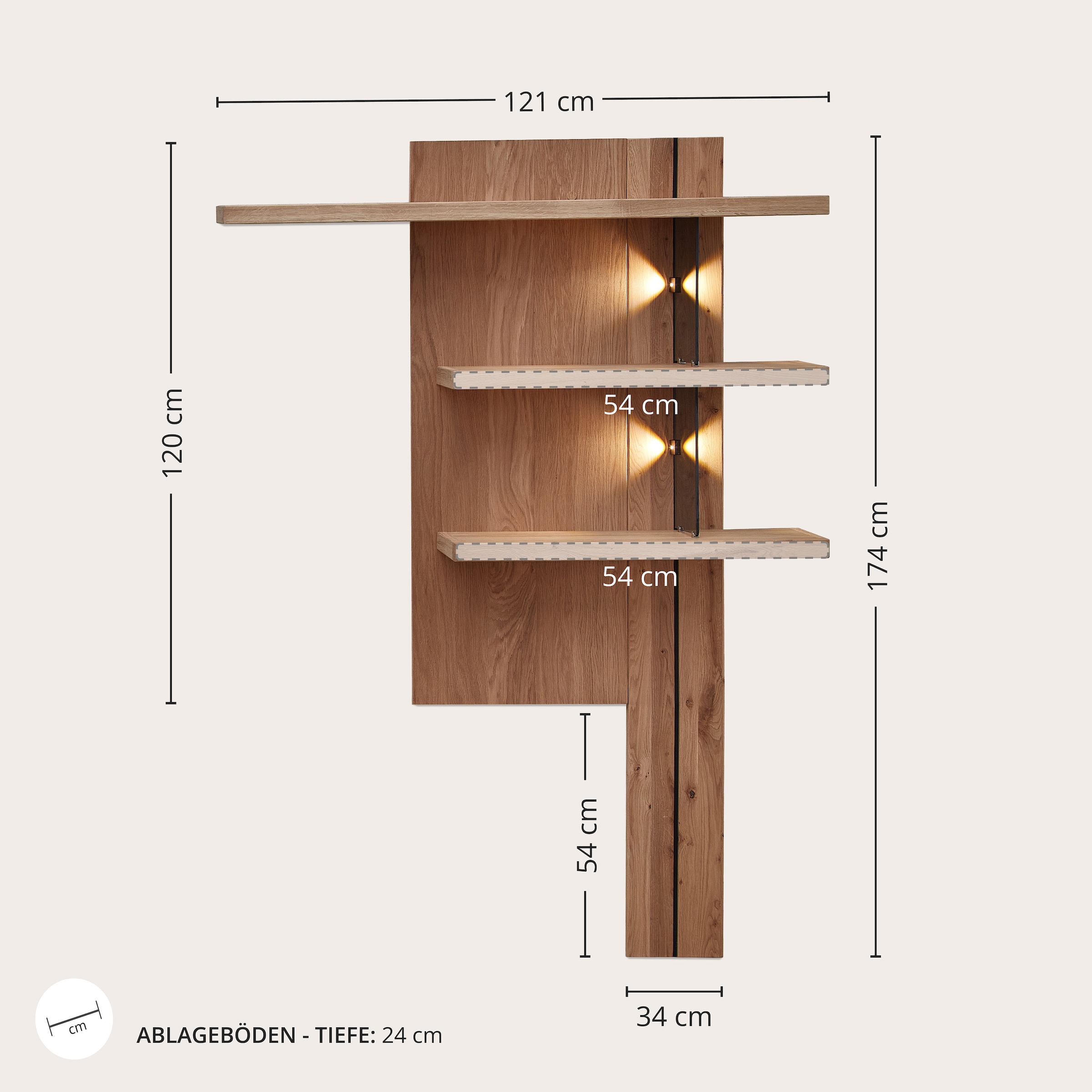 Wohnconcept Wandboard »Donna Wandpaneel, 122x174x24 ( BxHxT)« 1 Stk. tlg. Beleuchtung optional bestellbar, 3 Böden, Massivholzblende