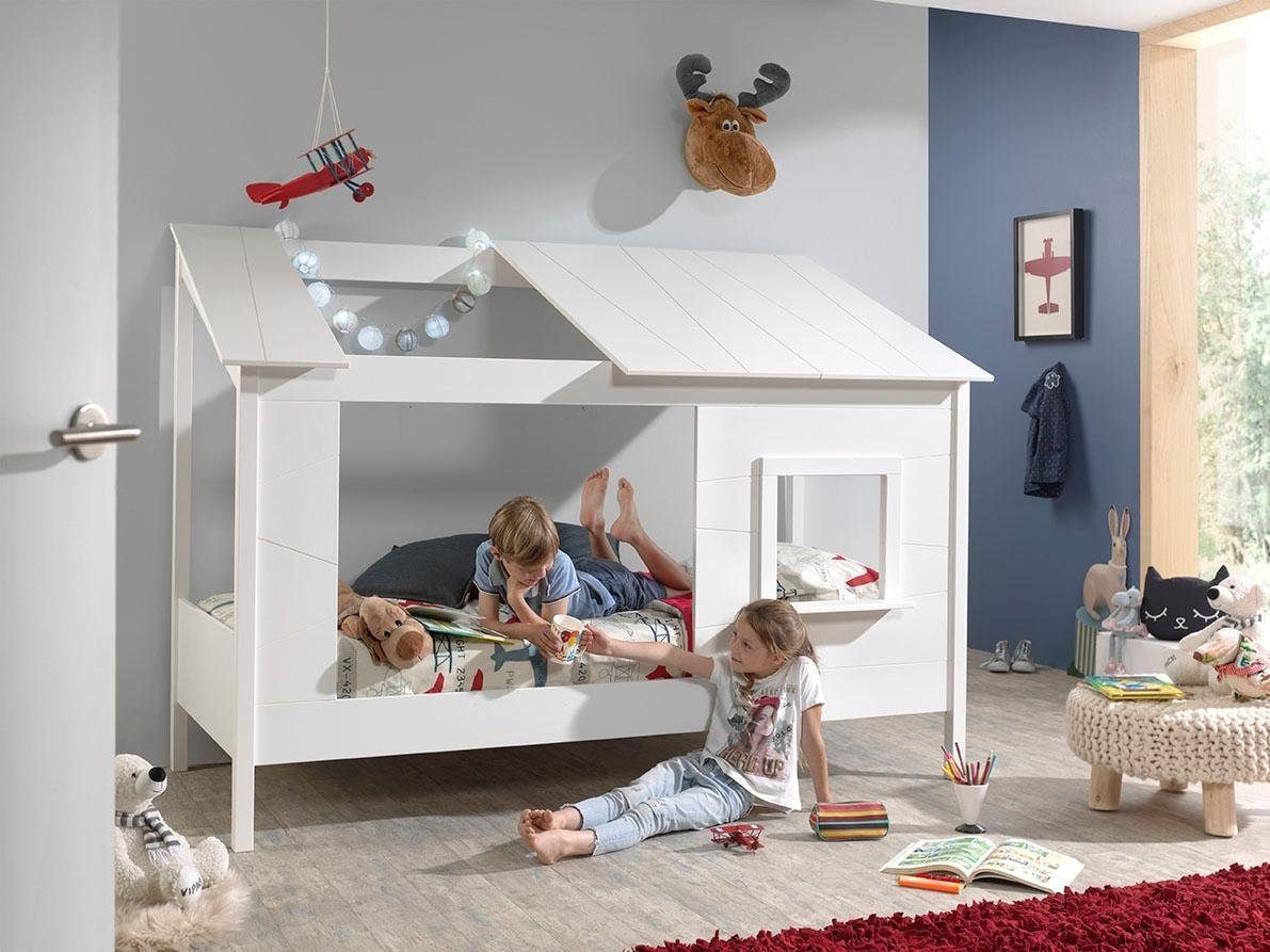 Vipack Kinderbett »Hausbett, aus MDF und Massivholz weiß lackiert, inkl. Fenster vorne«, (B/H/T ca. 214x158,5x105cm, seitl. und hinten offen), wahlweise mit oder ohne Bettschublade auf Rollen
