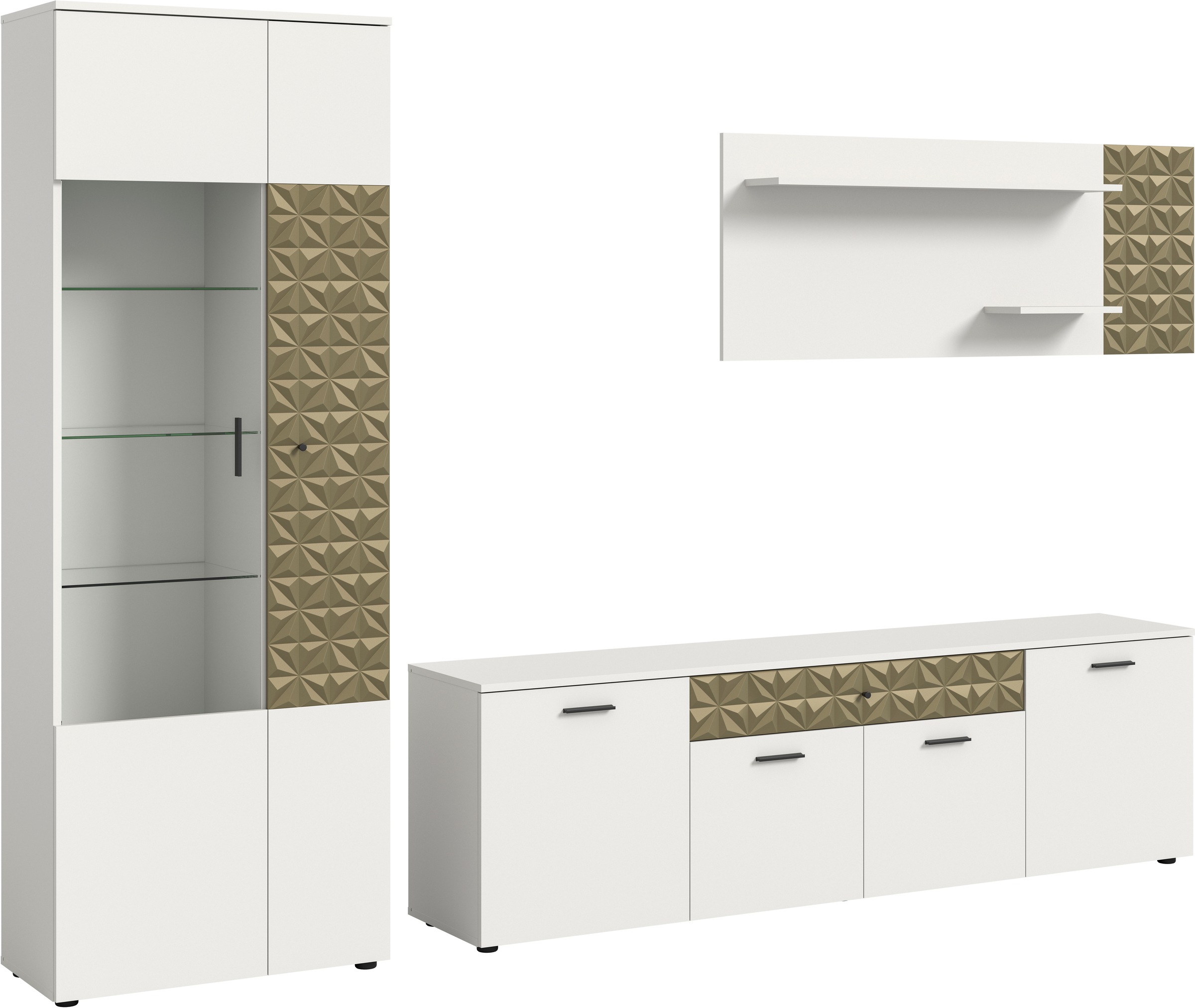 INOSIGN Wohnwand »Vicenza, 3-teilig, bestehend aus: Vitrine, Lowboard, Wandboard«, (3 St.), mit Ornamentabsetzung, Kombination, Anbauwand, TV-Wand, Schrankwand