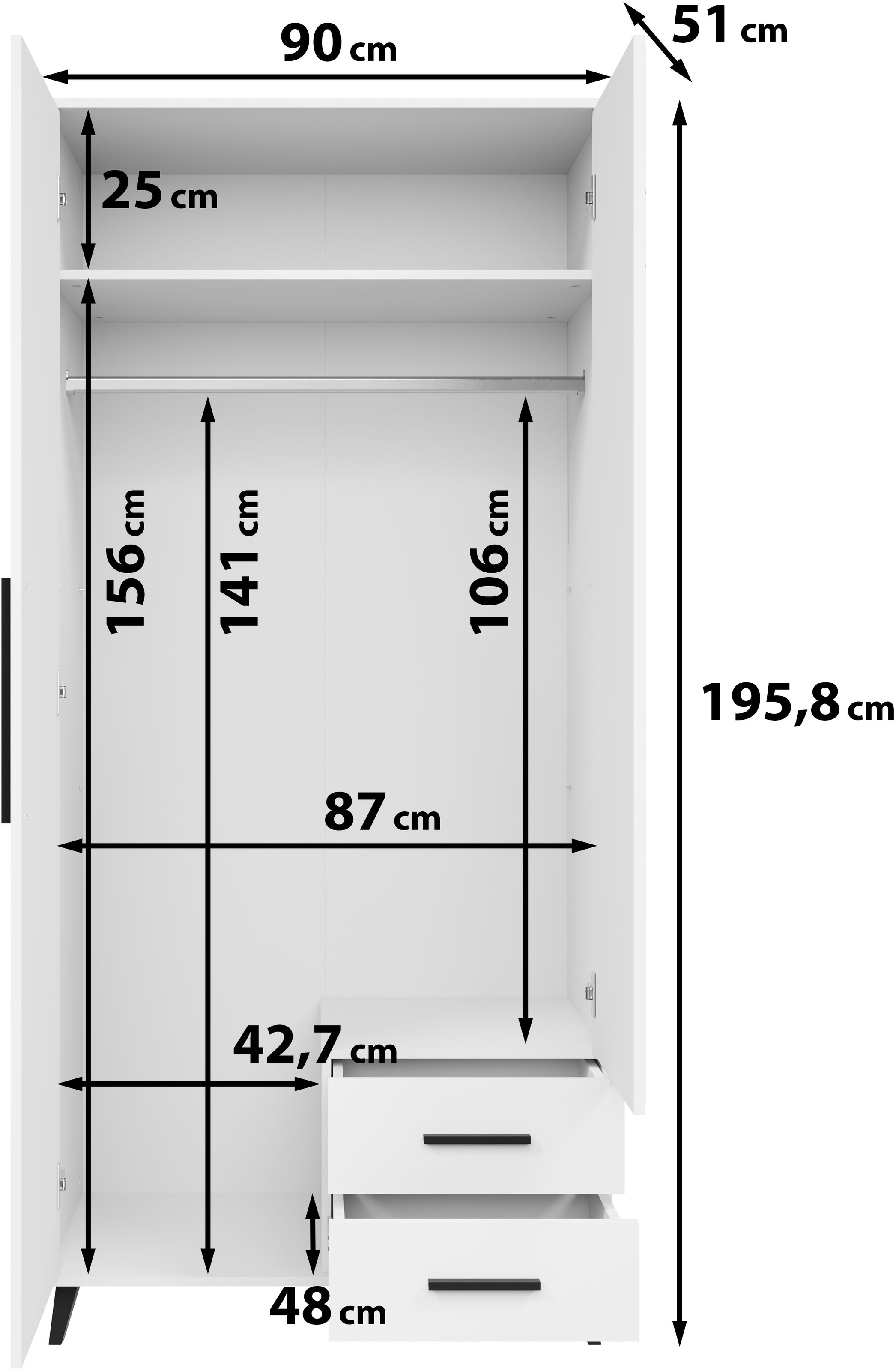 INOSIGN Kleiderschrank »Lagos, Garderobe Schlafzimmerschrank Wäscheschrank Bestseller« in 2 Farben und 2 Breiten erhältlich, 1 Stk. tlg. Moderner Drehtürenschrank mit Spiegeltür, Breite 90 cm, 2 Schubladen