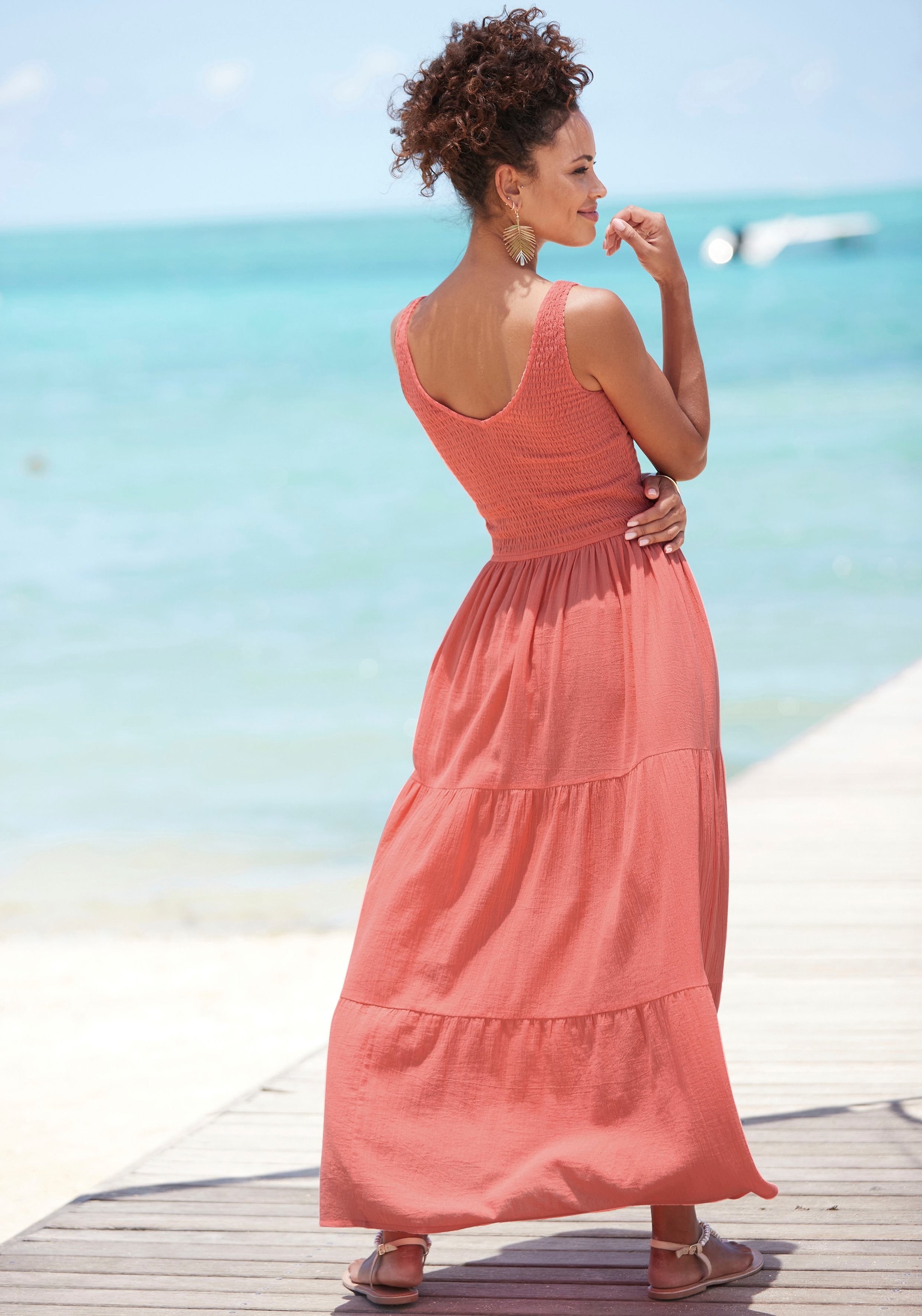 Beachtime Maxikleid, aus gewebter Baumwolle, Sommerkleid mit gestuftem Rock