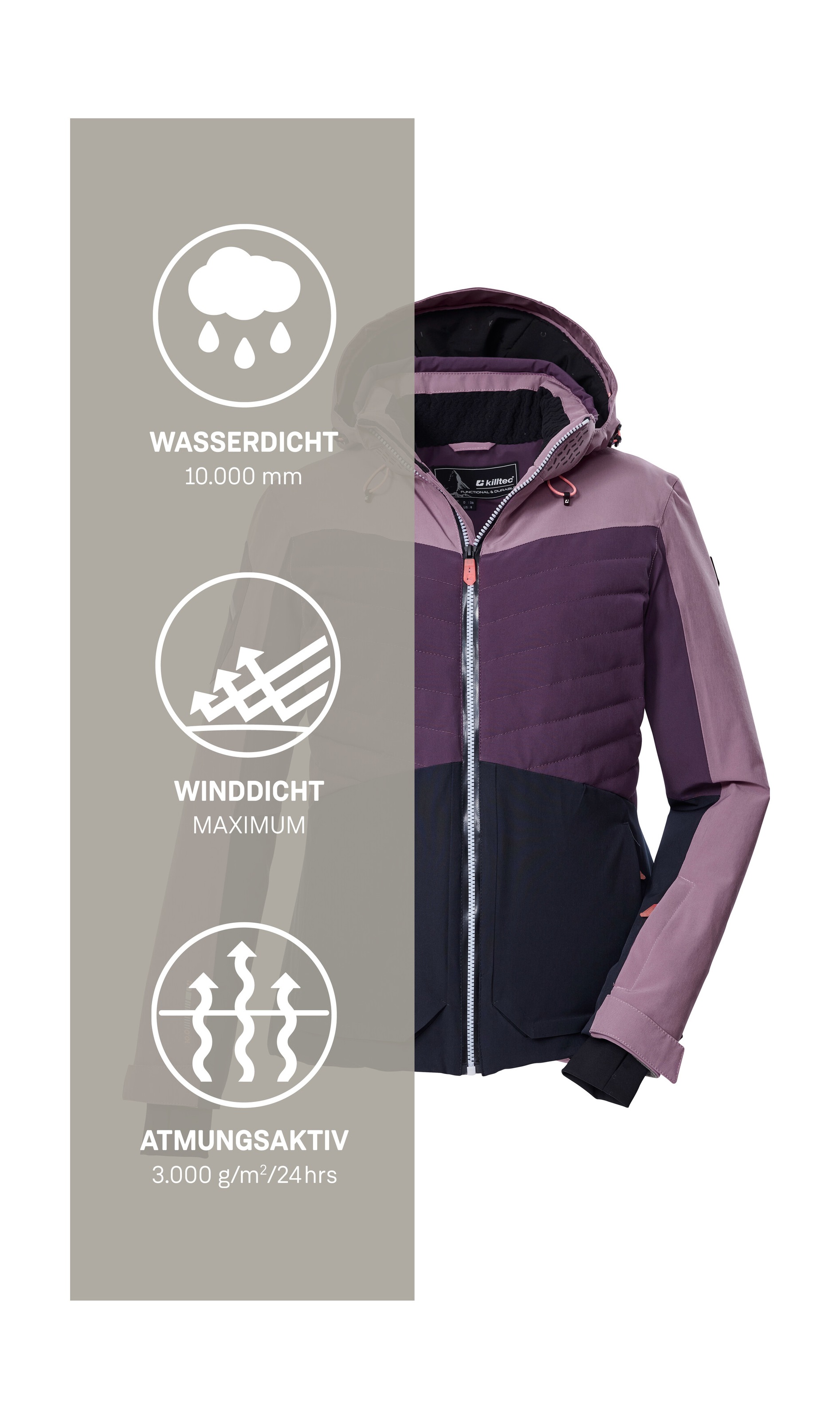 Killtec Skijacke »KSW 30 WMN SKI JCKT«, Damen Skijacke: wasserdicht, atmungsaktiv, Colourblock-Design