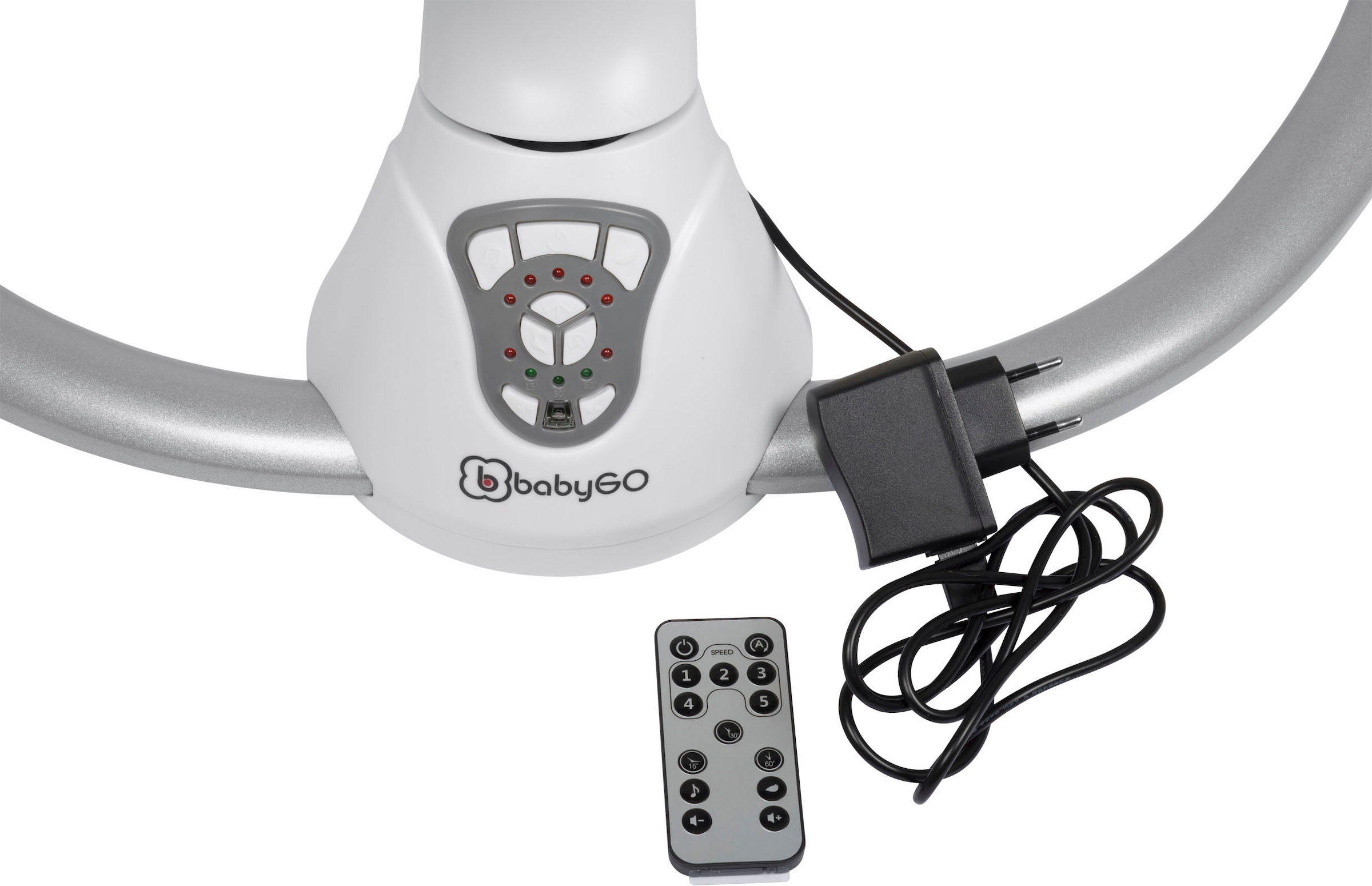 BabyGo Hochstuhl »Family Homey Set, schwarz/dunkelgrau« () mit elektrischer Babywippe inkl. Spielbogen