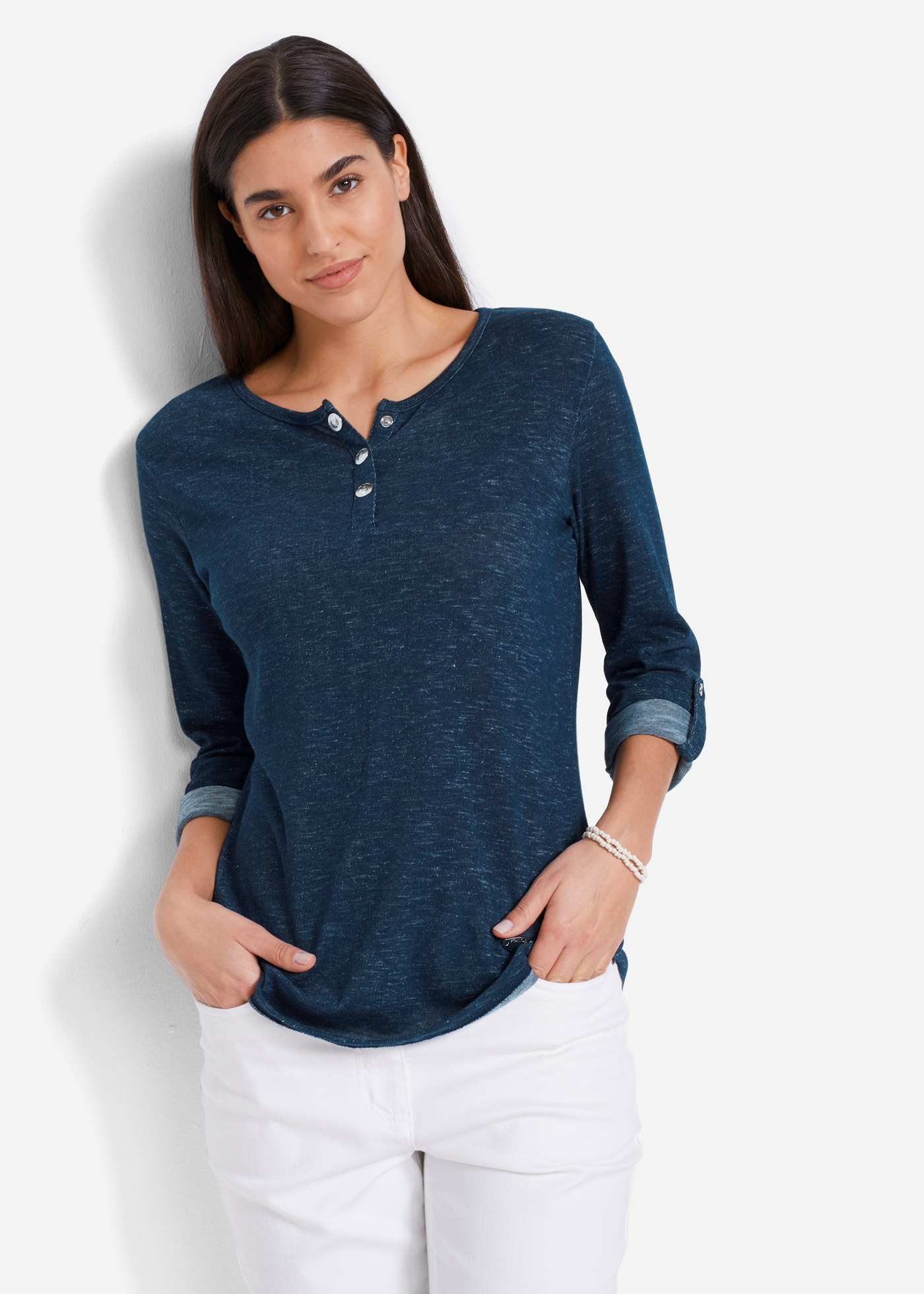 bonprix Langarmshirt im Henley-Look, mit krempelbaren Ärmeln, abgerundeter Saum