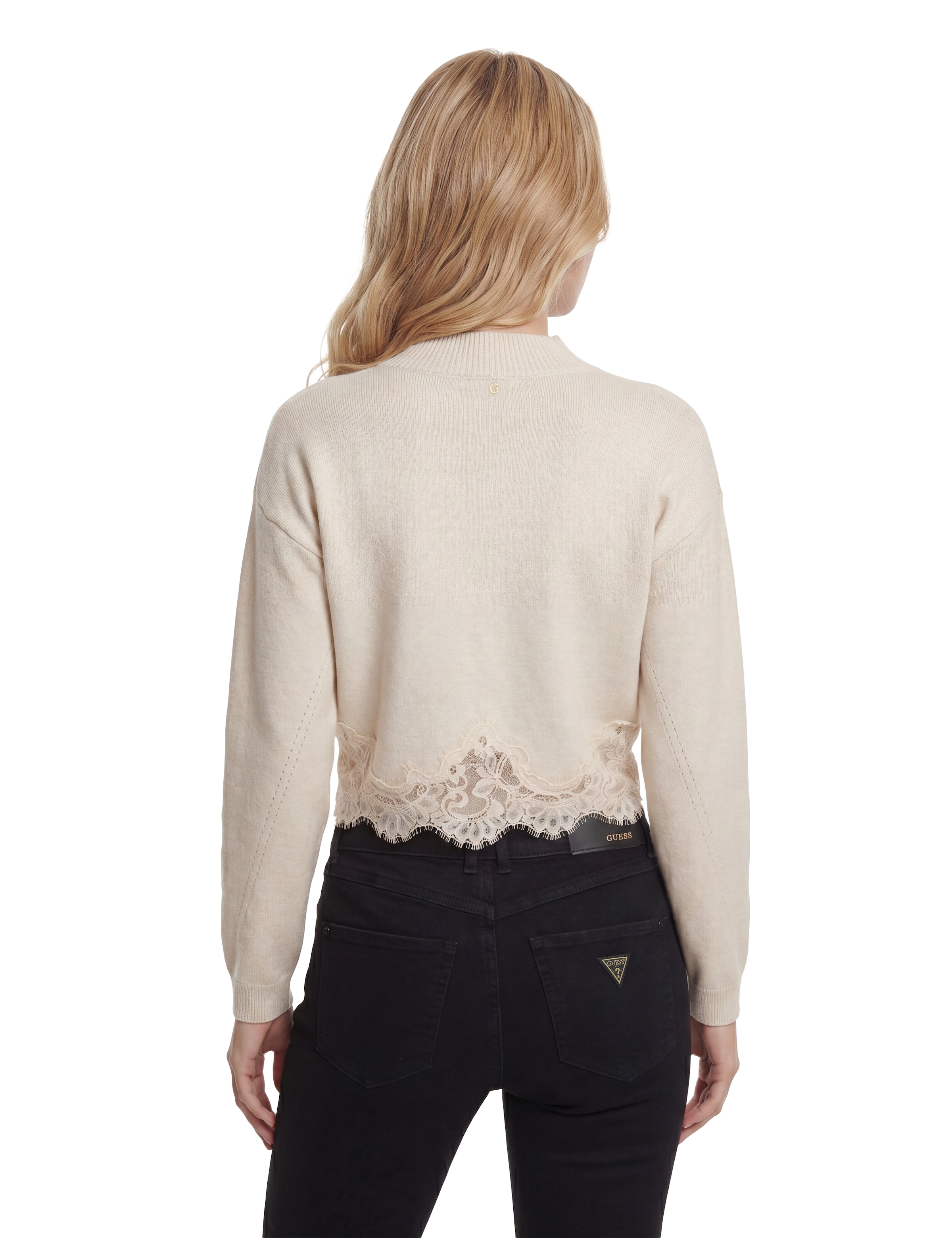 Guess Strickpullover »LS MN HAYDEN LACE SWTR« mit Woll-Anteil, Spitzenbesatz