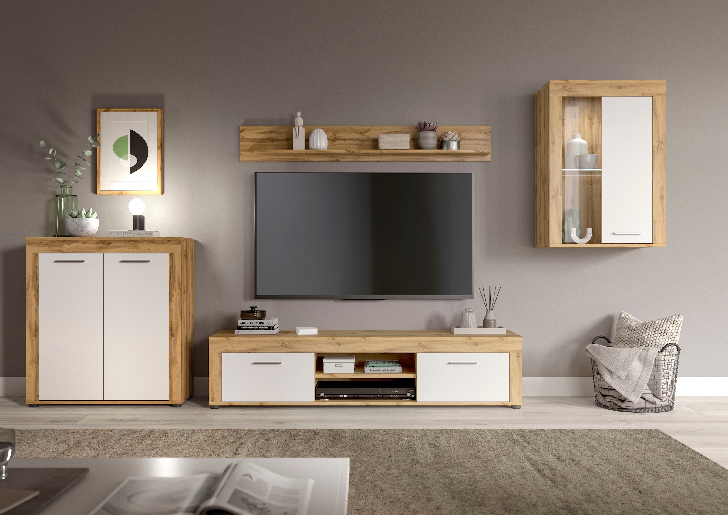 INOSIGN Wohnwand »Aosta, 4-tlg., best. aus: Highboard, Lowboard, Wandboard & Vitrine«, (4 St.), Wohnwand, Kombination, Anbauwand, Möbel Set, Schrankwand, Möbel Kombi