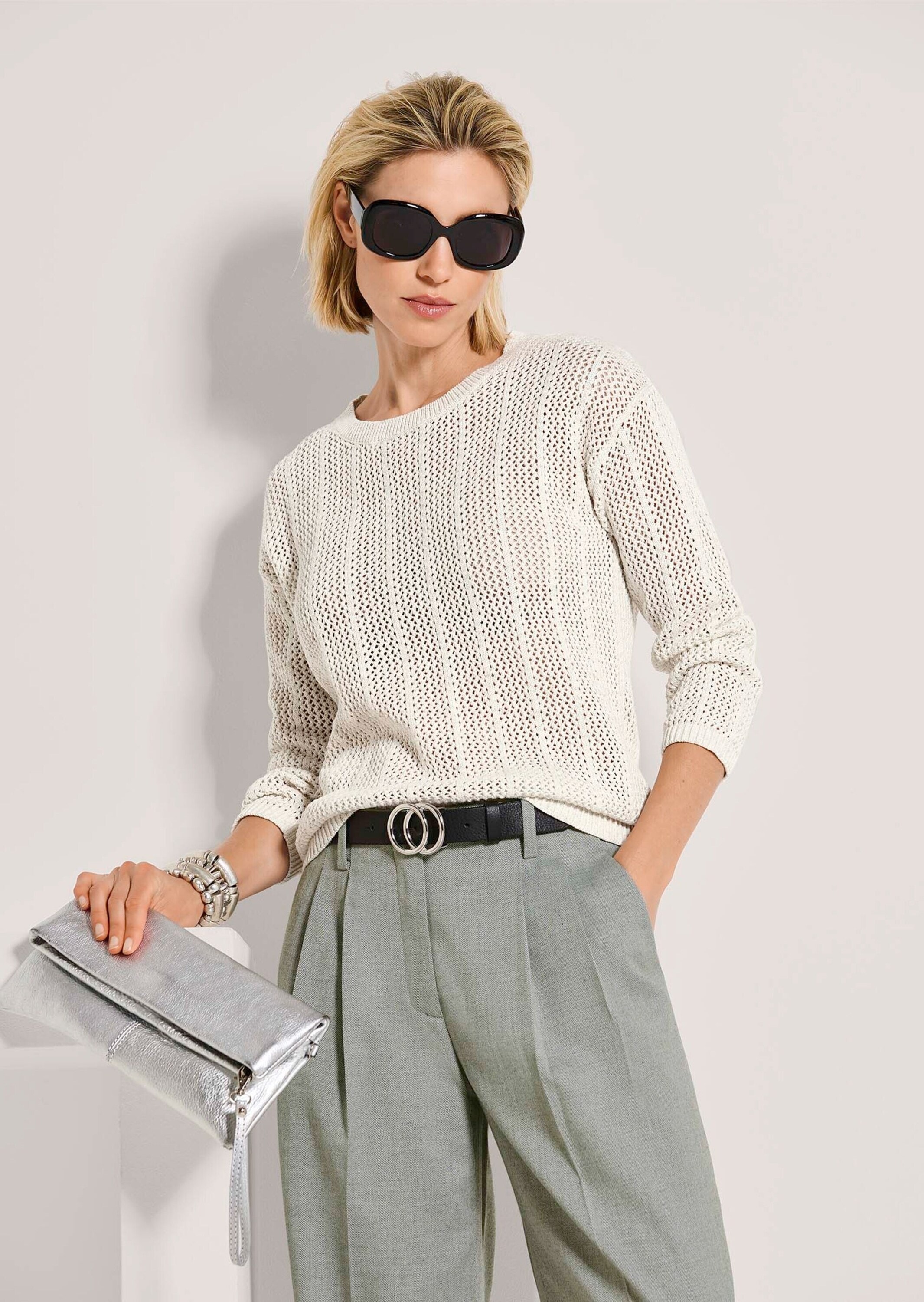 MADELEINE Longpullover »Ajourpullover Baumwollpullover mit Rundhals« Leicht tranparente Optik