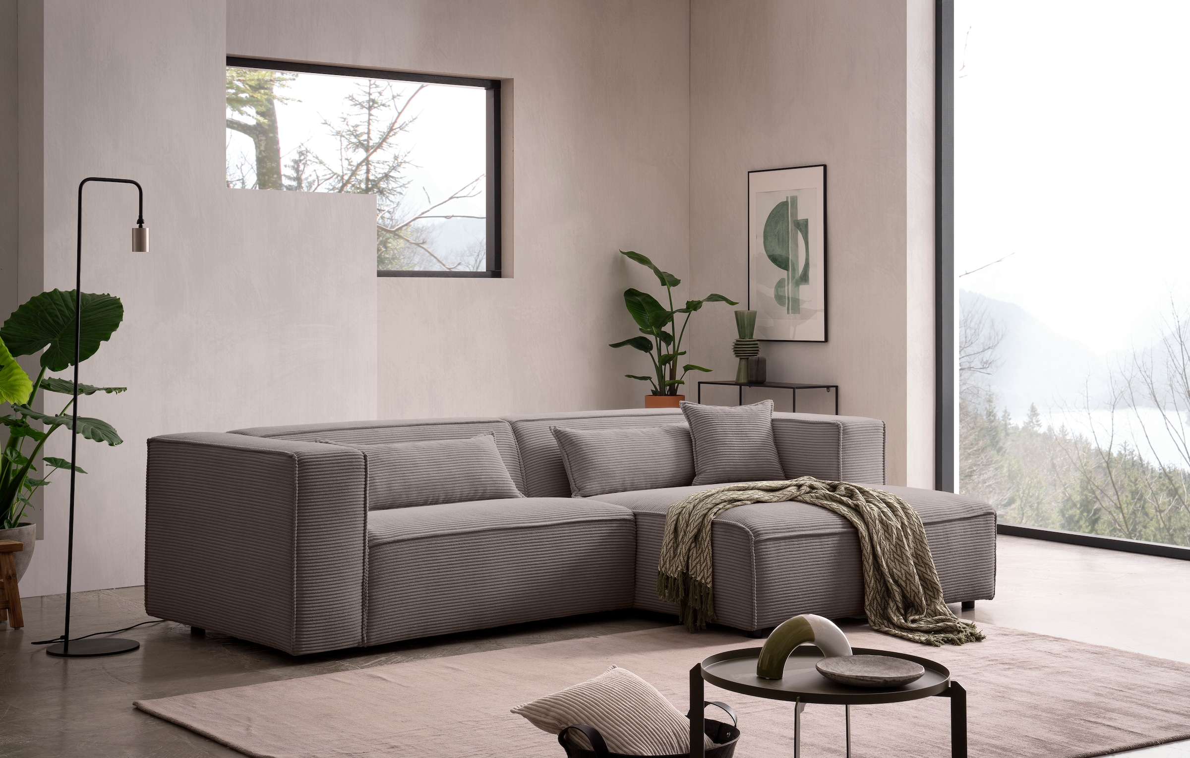LeGer Home by Lena Gercke Ecksofa »PIARA mit Kedernaht in Cord oder Leinenoptik, moderne Couch in L-Form«, wahlweise Ottomane rechts/links, schwarze Füße, bequemer Sitzkomfort