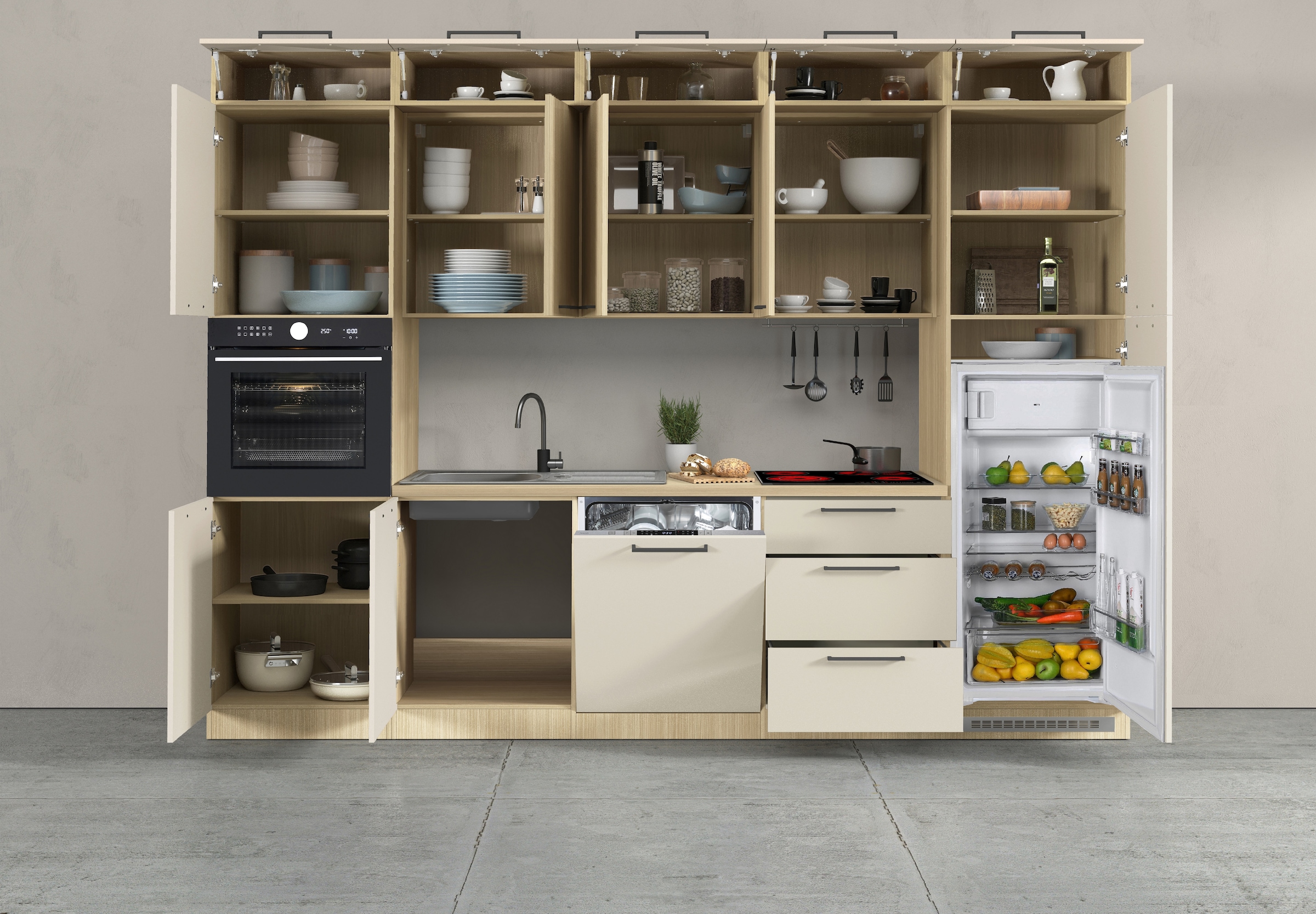 KOCHSTATION Küchenzeile »Luna, Einbauküche, Zeilenküche, mit Soft-Close Funktion, Made in Italy« Breite 300 cm ohne E-Geräte, mit Spüle+Siphon und Aufsatz