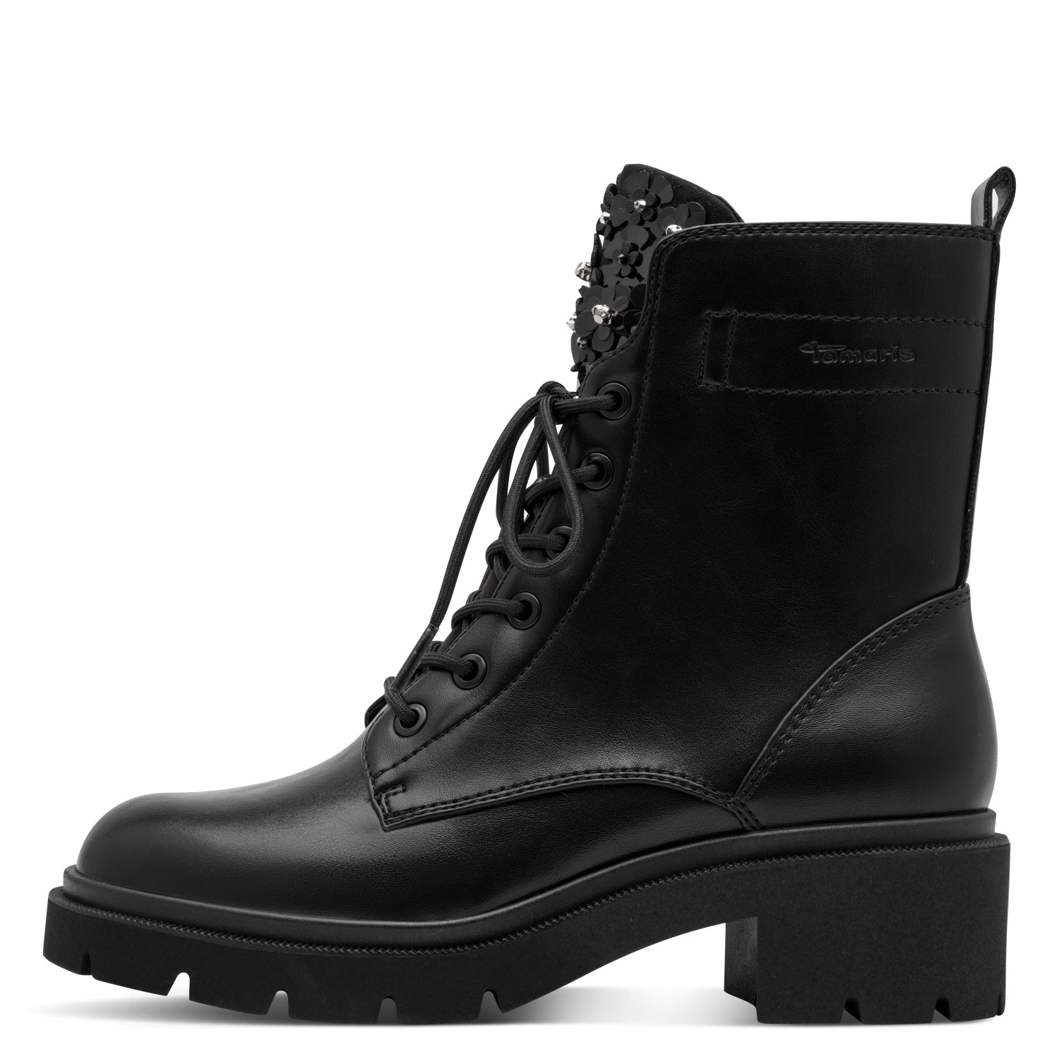 Tamaris Schnürstiefelette  Blockabsatz, Schnürboots mit dekorativer Blütenverzierungen