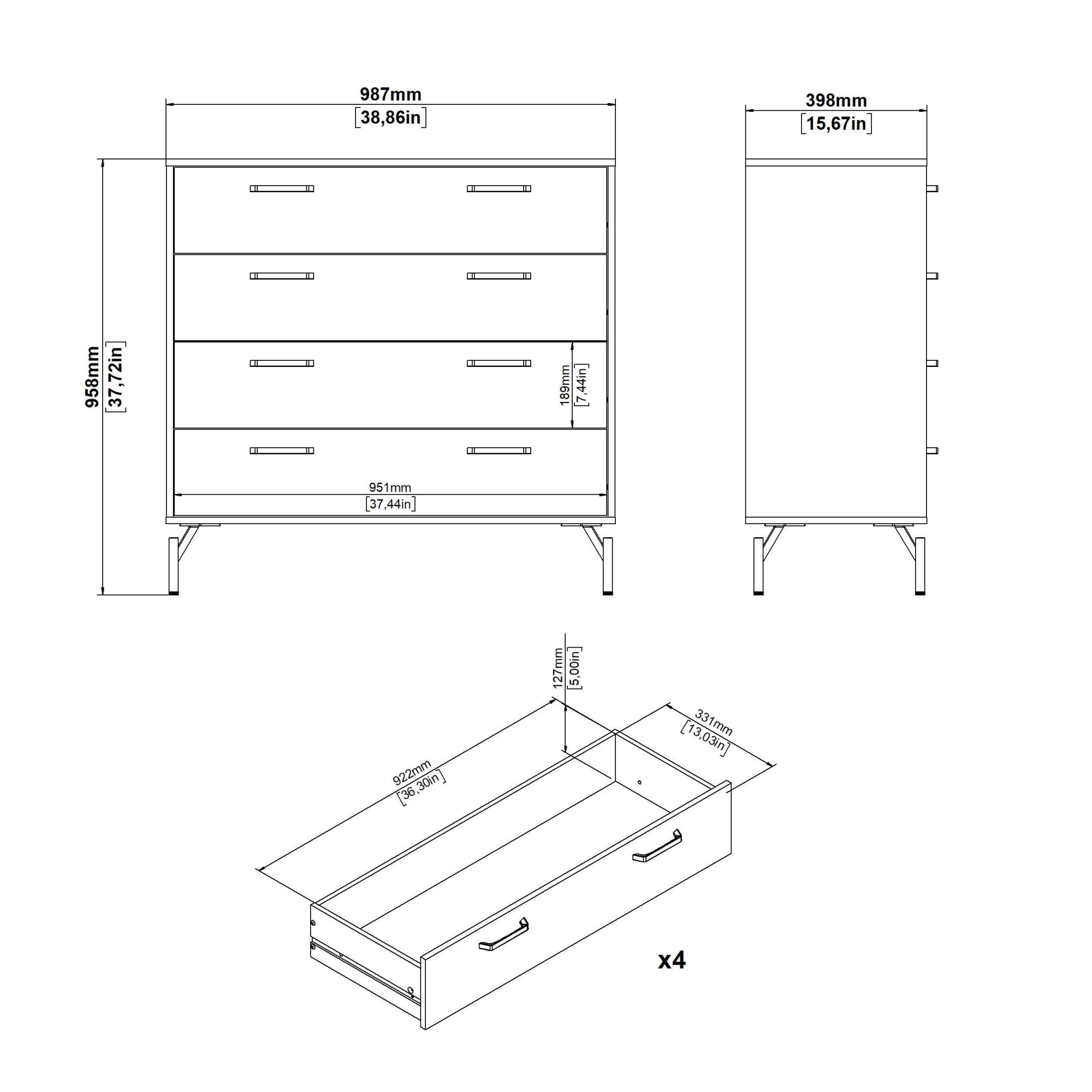 INOSIGN Hochkommode »Dana, Kommode, Aufbewahrung, Schubladenschrank«, Kommode mit 4 Schubladen, Metallbeine, Höhe 95,8 cm, Breite 98,7 cm