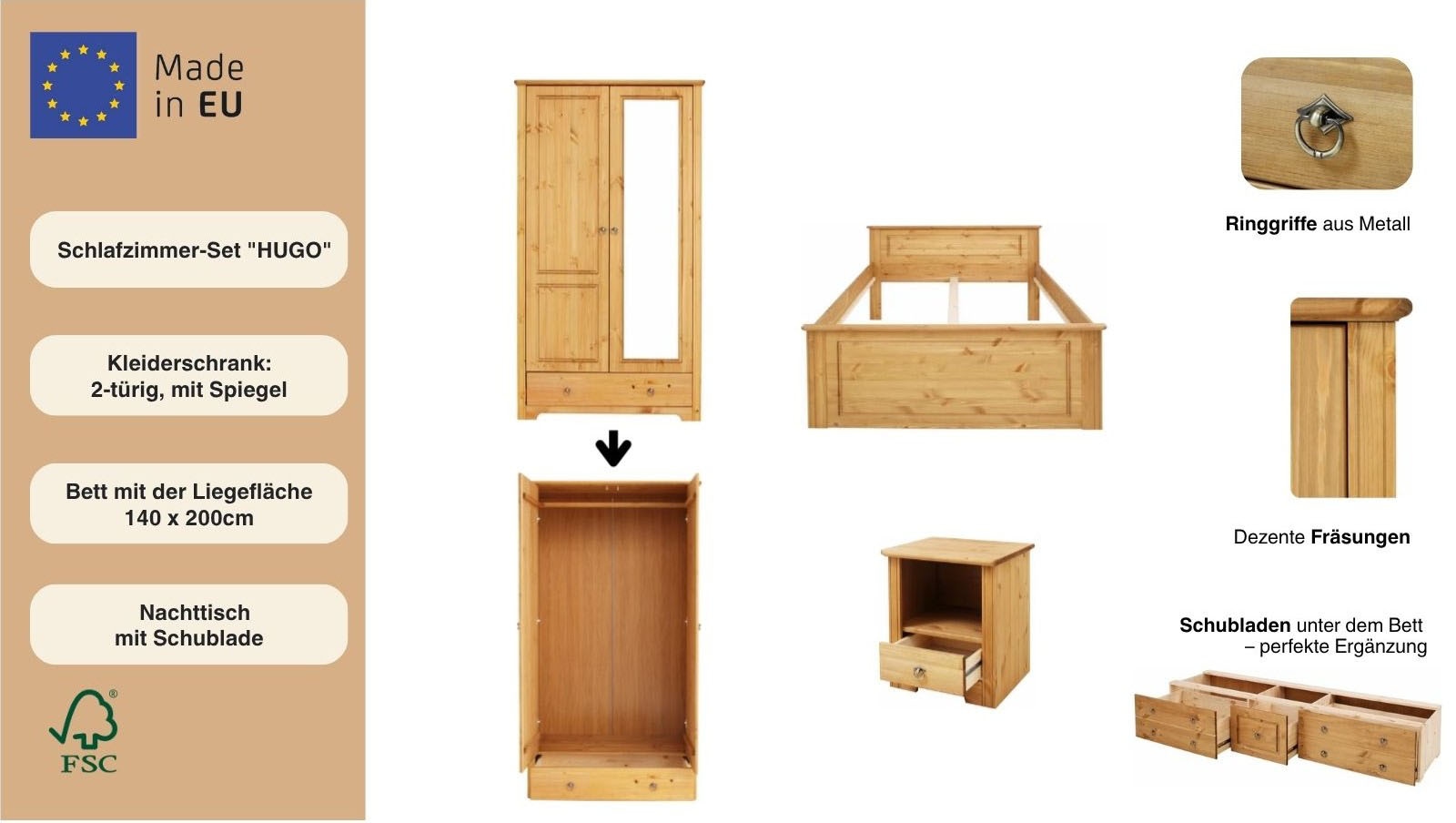 OTTO home Schlafzimmer-Set »Hugo« Set, 3 Stk. tlg. Bett 140x200cm, 2-trg Kleiderschrank und 1 Nachttisch