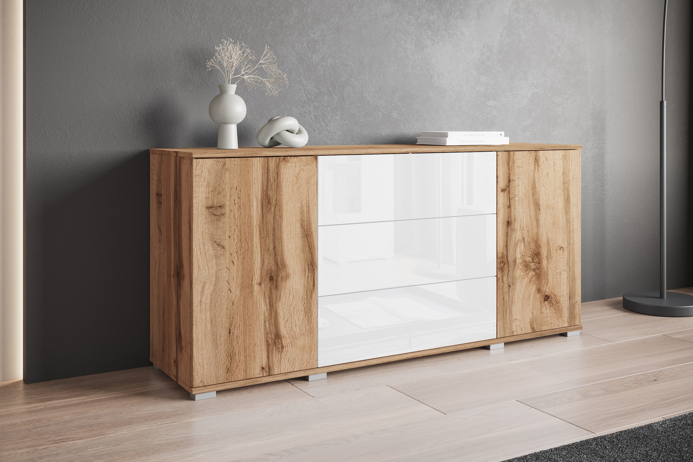 INOSIGN Sideboard »Kenia, Kommode für das Schlafzimmer/Wohnzimmer«, (1 St.), Modernes Sideboard mit 3 Schubladen und 4 Fächern, Breite 150 cm