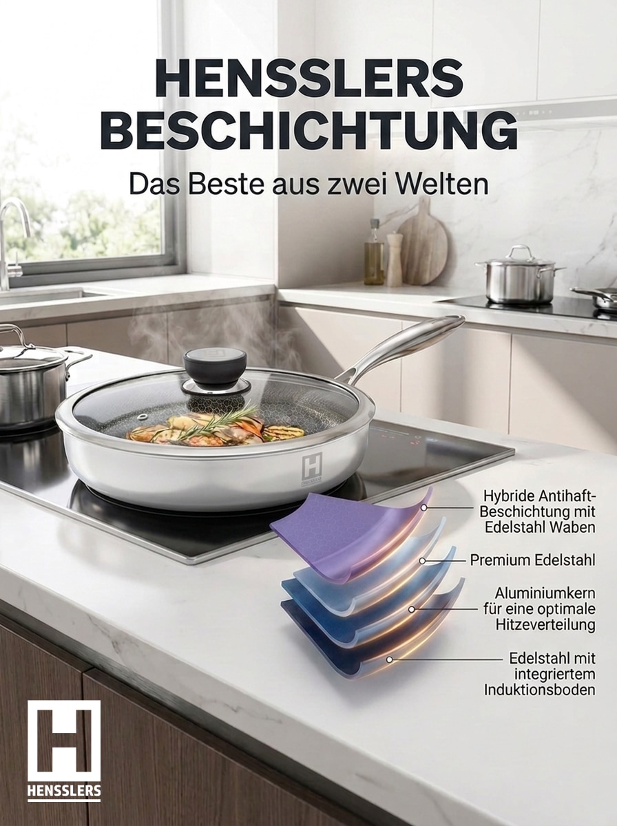 HENSSLERS Schmorpfanne Edelstahl 3-Schicht Material, Wabenstruktur und Antihaftbeschichtung, Induktion