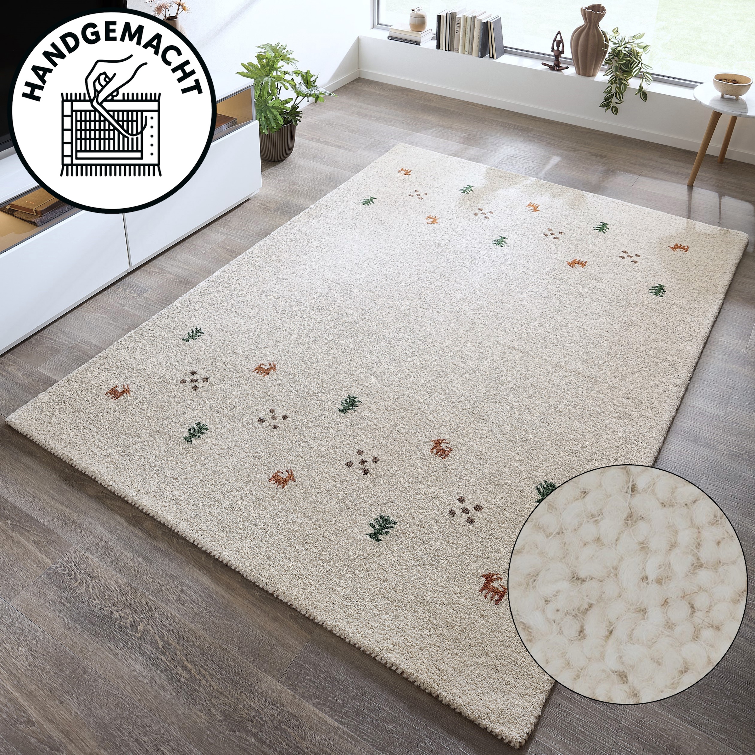 THEKO Wollteppich »Gabbeh Motiv, Handgefertigt, Teppich, Tiermotiv, reine Wolle« rechteckig 14 mm Höhe reine Wolle, Wohnzimmer, Schlafzimmer, Esszimmer