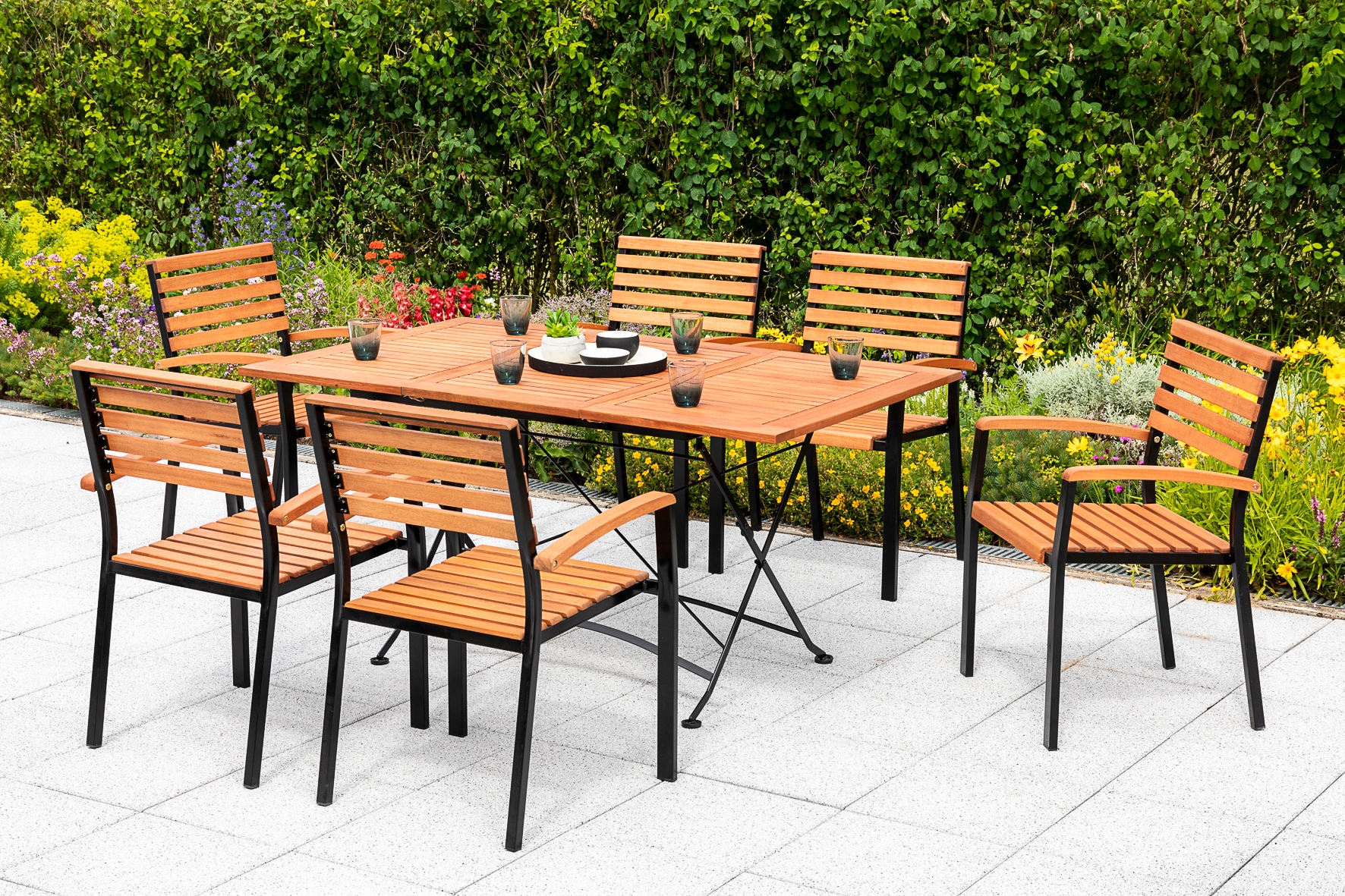 MERXX Garten-Essgruppe »Schloßgarten«, (7 tlg.), 6 Stapelsessel, Klappausziehtisch