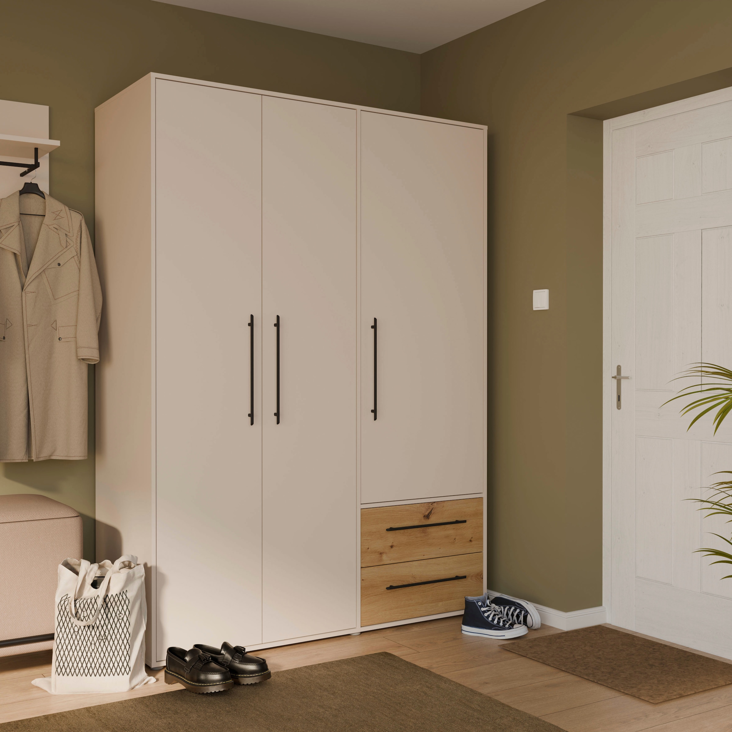 FORTE Kleiderschrank »Mokkaris , zeitloses Design, 3–4 Türen, Made in Europe« B/H/T ca. 145x200x59cm oder 206x200x59cm,  Schubladen + schwarze Stangengriffe, Made in Europe, viel Stauraum