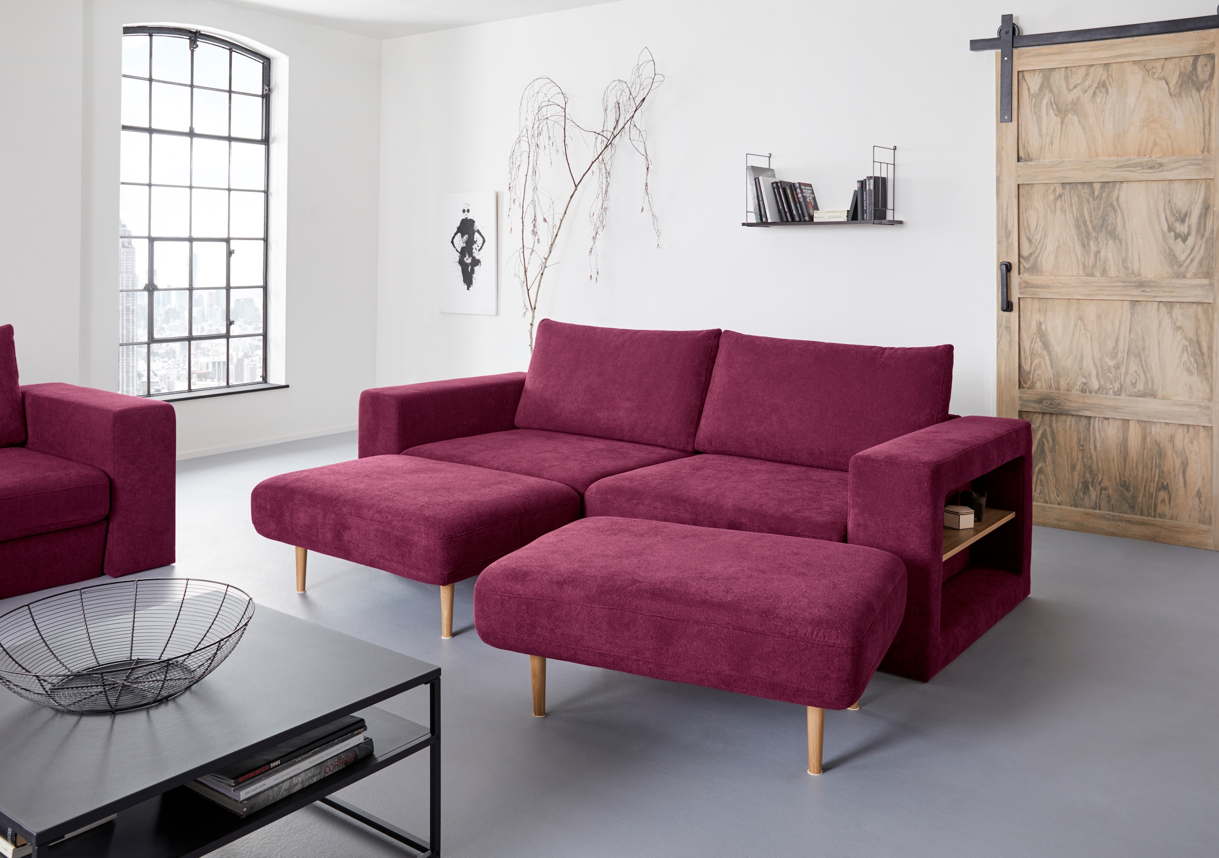 4-Sitzer »Looksvb«, Verwandlungssofa: aus Sofa wird Sofa mit 2 Hockern, mit Regalfunktion