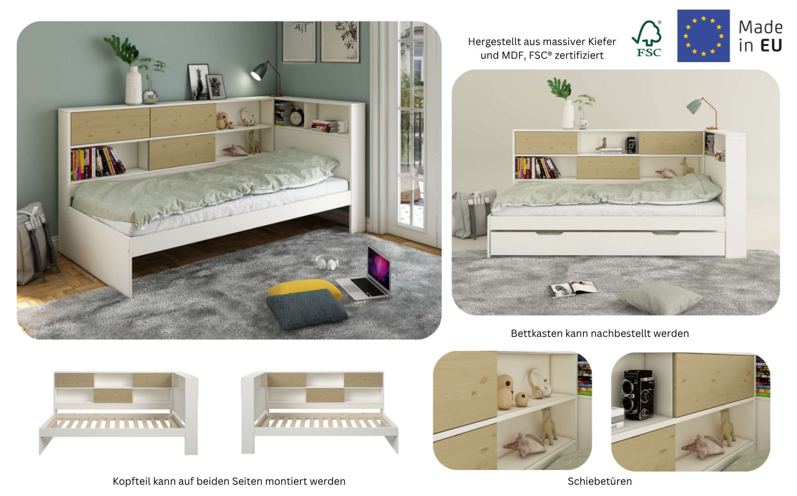 OTTO home Stauraumbett »Amance, Kopfteil beidseitig montierbar, stabil und langlebig, Stauraum« Außenmaße B/T/H: 110,2/220,1/106,9 cm,  FSC® zertifiziert, inklusive Lattenrost,  Made in EU,Massivholz + MDF