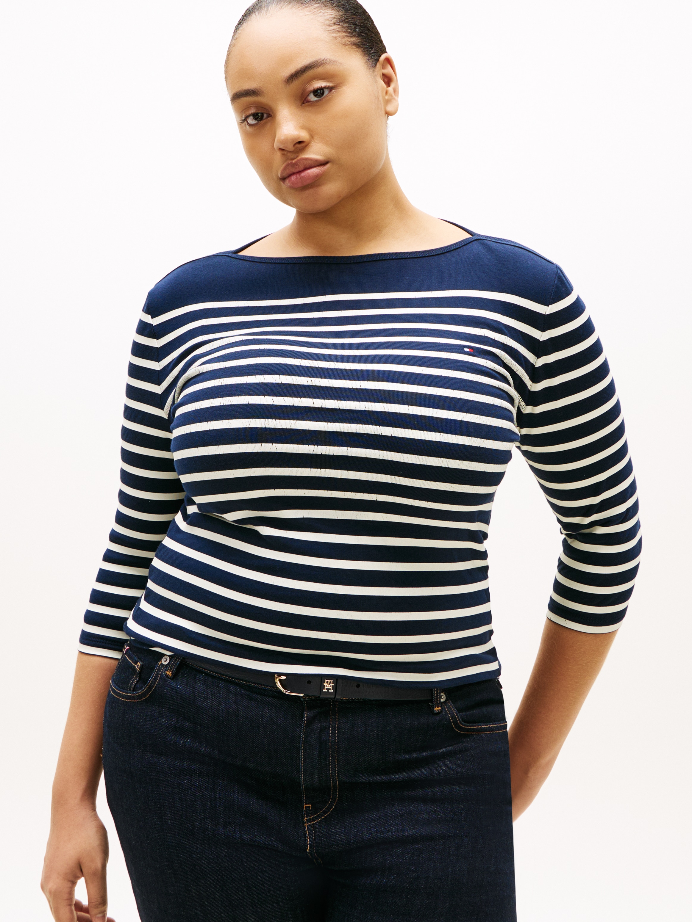 Tommy Hilfiger Curve T-Shirt »CRV SLIM CODY BOAT-NK 3/4SLV« in Großen Größen, 3/4 Ärmel, Logostickerei