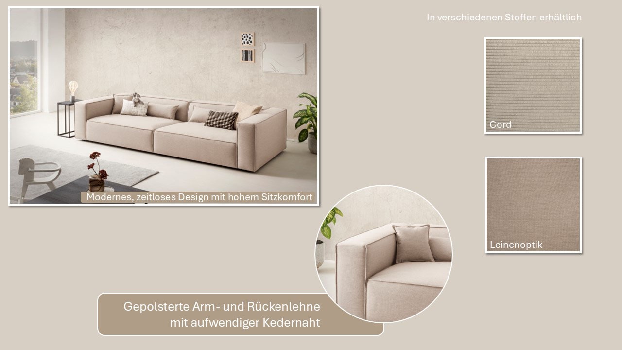 LeGer Home by Lena Gercke 3-Sitzer »PIARA, XXL Sofa mit Kedernaht, Big-Sofa in Cord oder Leinenoptik«, schwarze Füße, bequemer Sitzkomfort, extra tiefe Sitzfläche