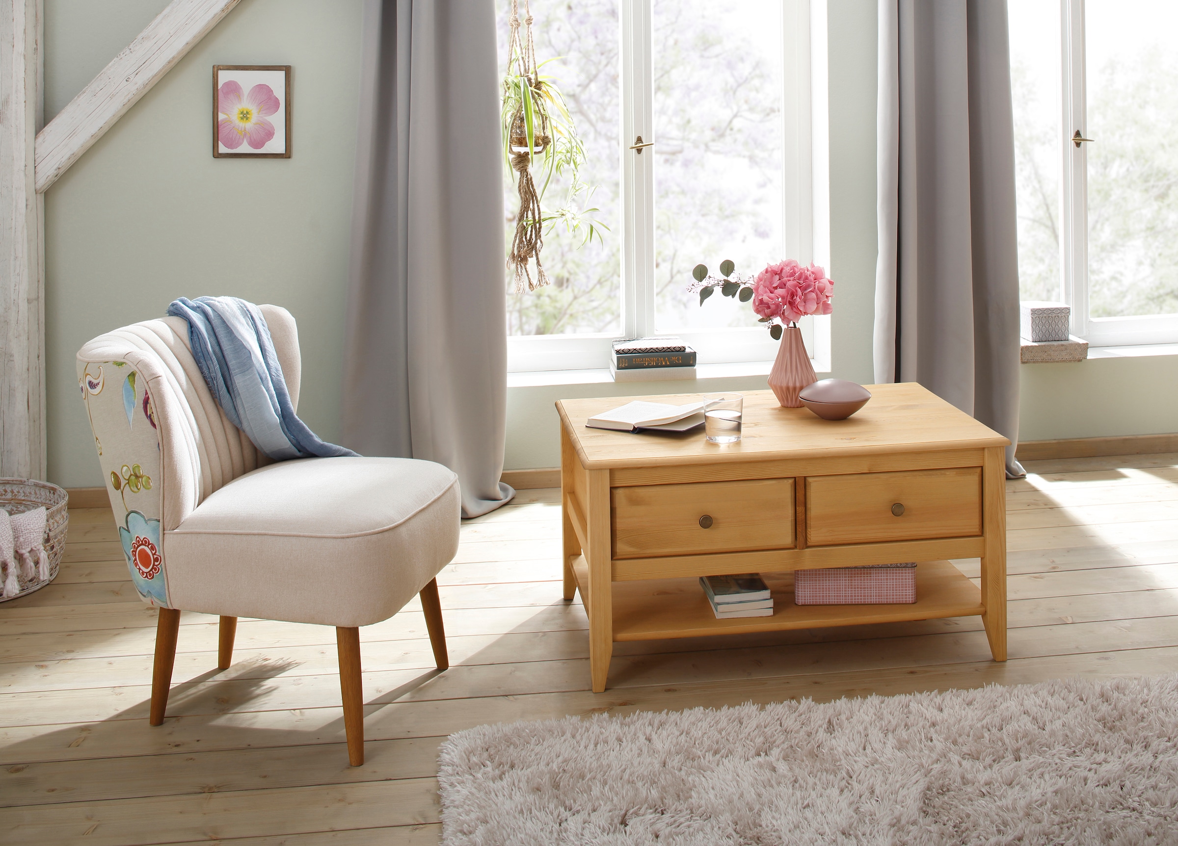 OTTO home Couchtisch »Leonis« Breite 89 cm, mit Schubladen und Ablageboden, massiver Kiefer,  FSC®