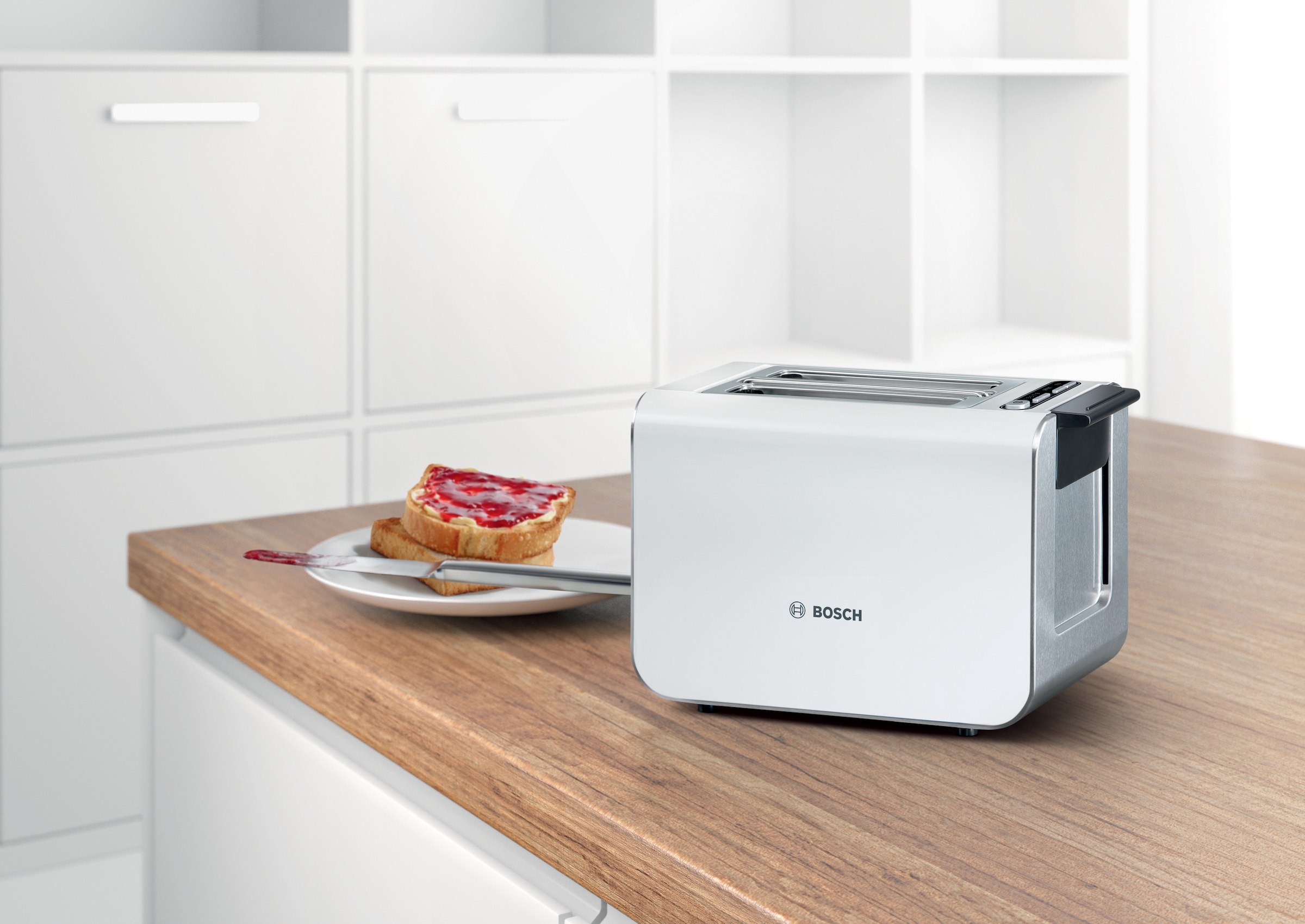 BOSCH Toaster »Styline TAT8611N, integrierter Brötchenaufsatz, Liftfunktion,«, 860 W, Auftaufunktion, Abschaltautomatik, Brotzentrierung, Edelstahl/weiß